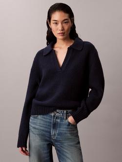 Calvin Klein Pure Wool Boucle Polo Jumper, Dark Sapphire, Dark Sapphire