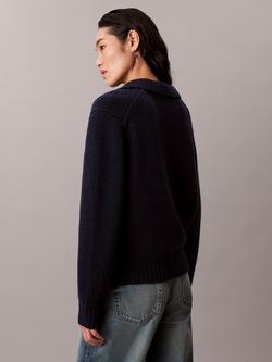 Calvin Klein Pure Wool Boucle Polo Jumper, Dark Sapphire - view 2, Dark Sapphire