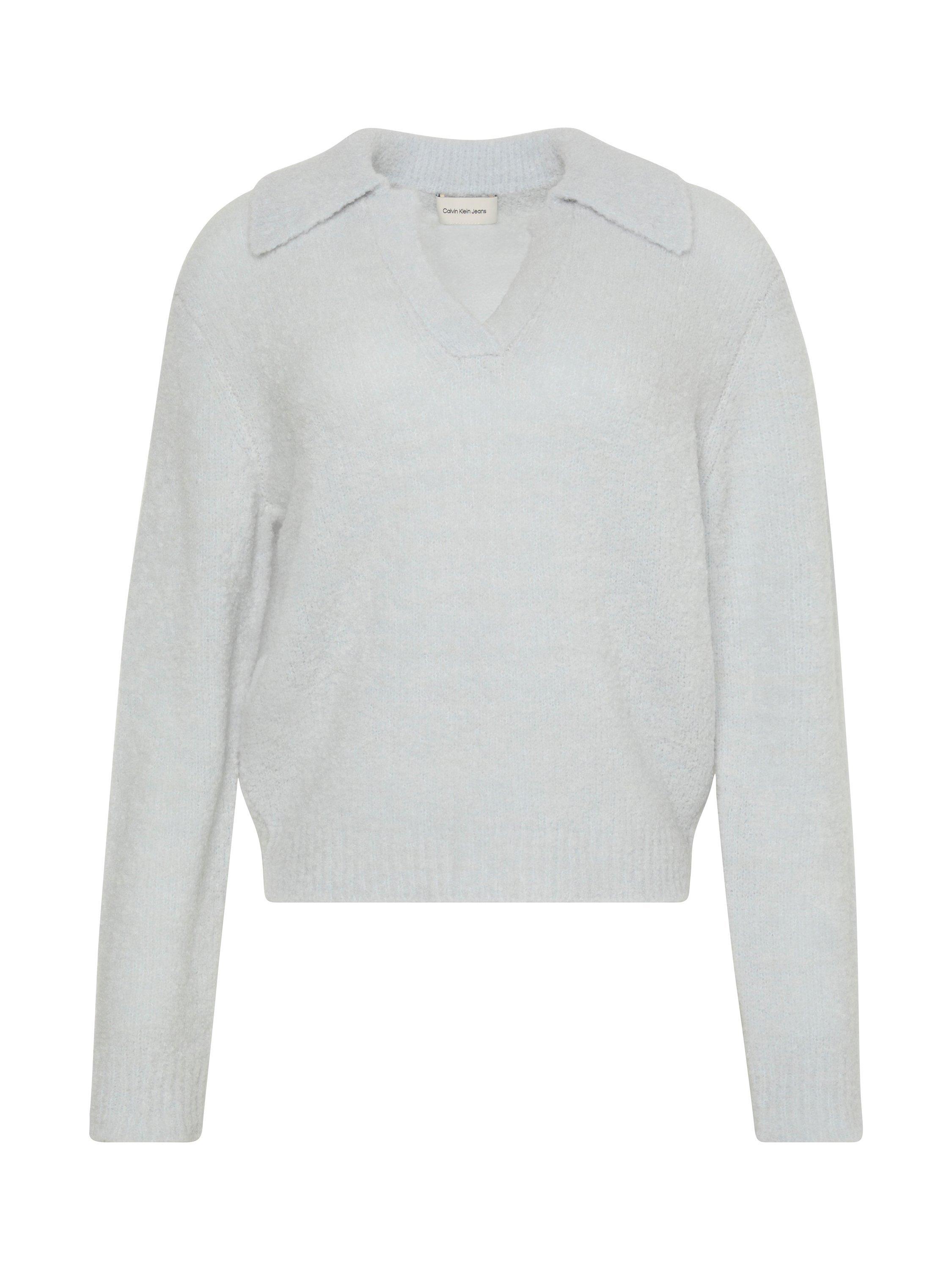 Product image 1 of 3, which shows Calvin Klein Pure Wool Boucle Polo Jumper, Melodic Blue, XXS