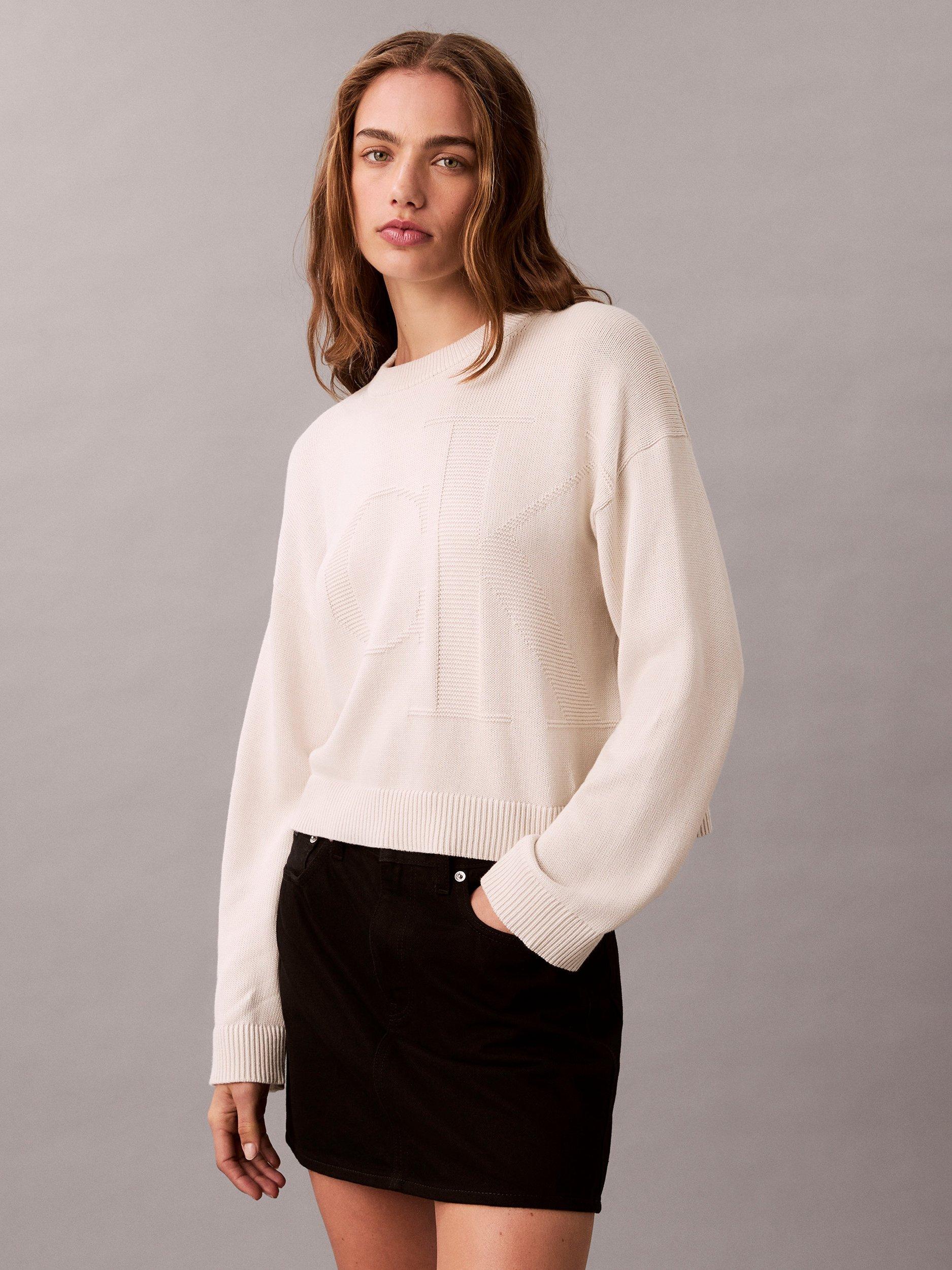Product image 1 of 3, which shows Calvin Klein Logo Long Sleeve Top, Chalk, XXS