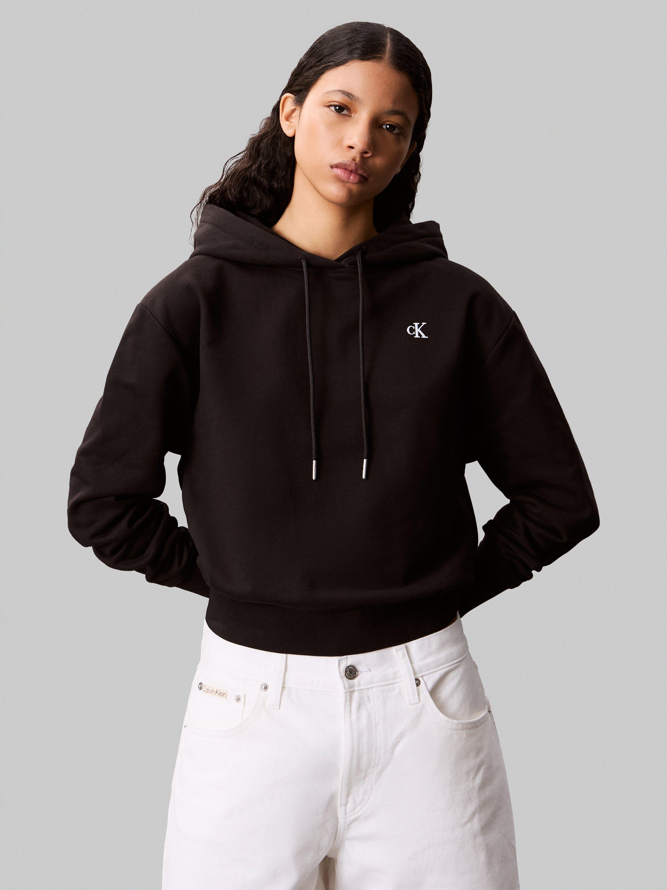 Product image 1 of 6, which shows Calvin Klein Embroidered Logo Terry Hoodie, Black, XXS