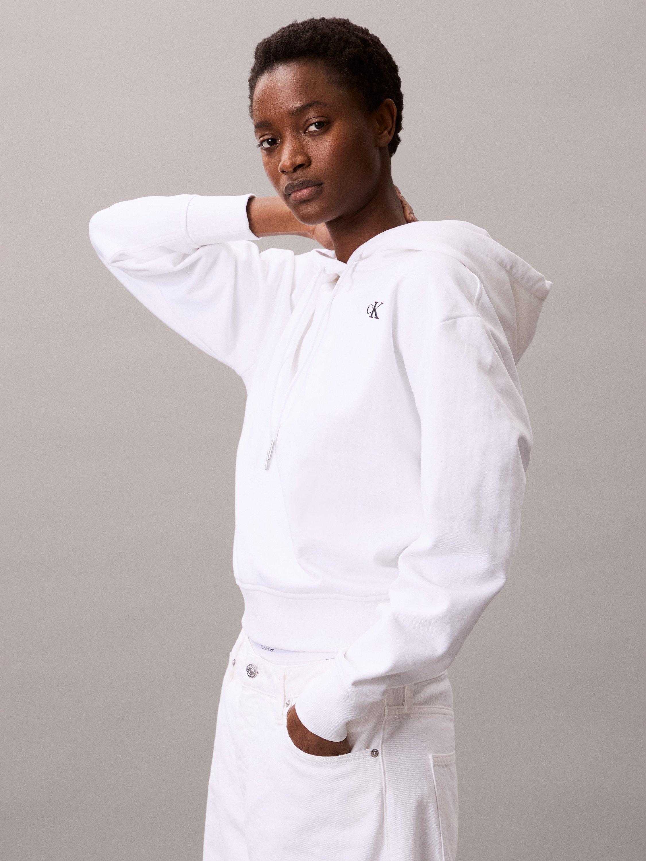 Product image 5 of 7, which shows Calvin Klein Embroidered Logo Terry Hoodie, Bright White, XXS