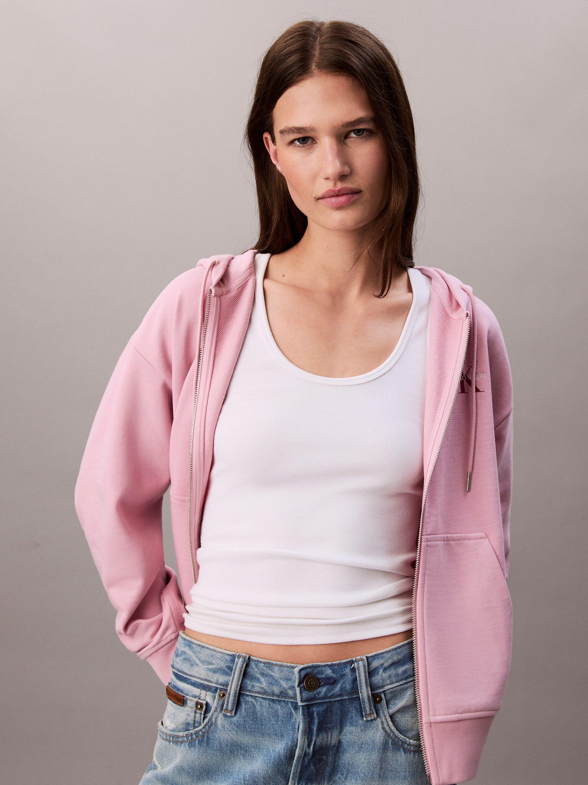 Product image 1 of 6, which shows Calvin Klein Monogram Logo Zip Hoodie, Pink Nectar, S