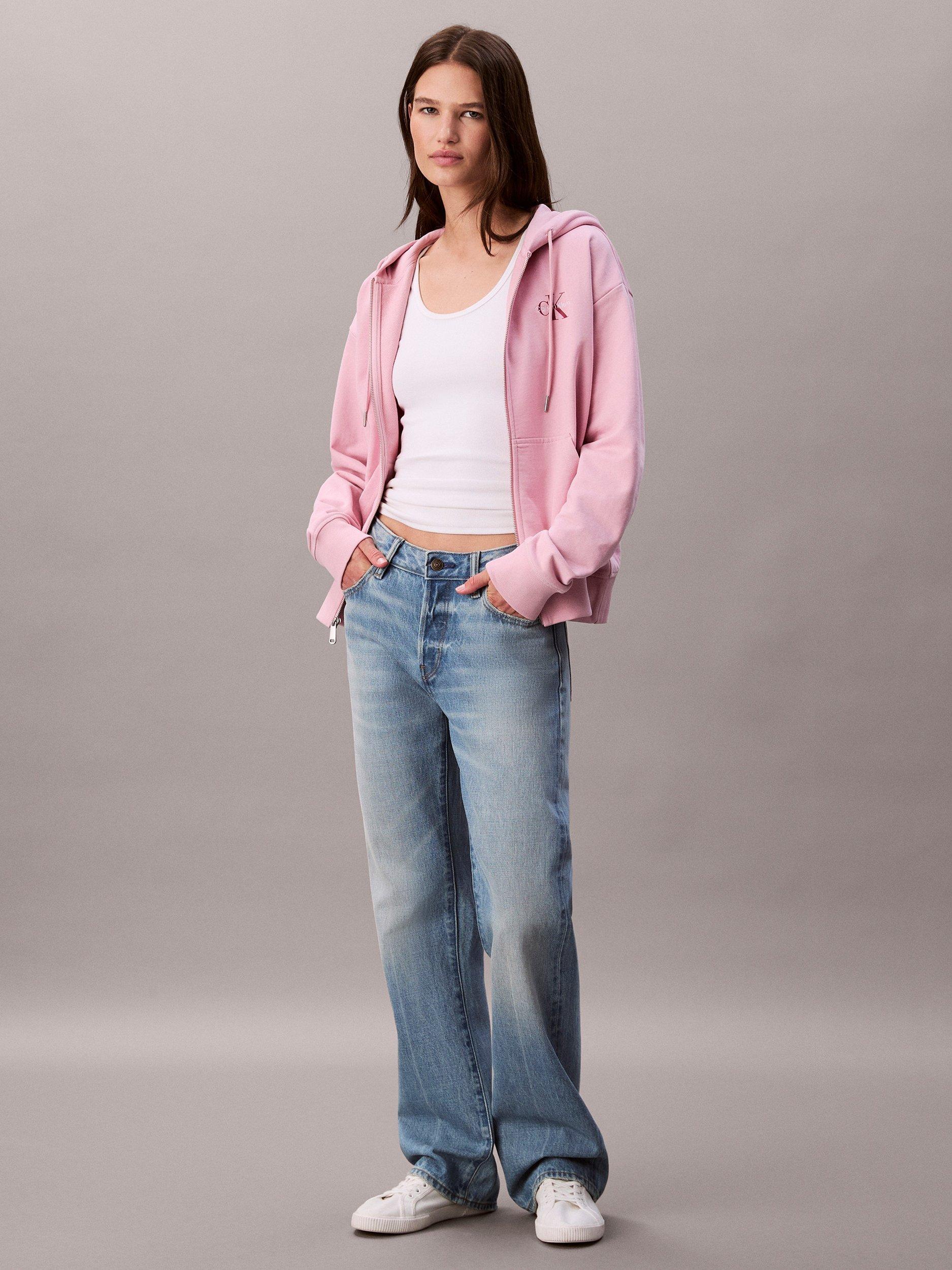 Product image 3 of 6, which shows Calvin Klein Monogram Logo Zip Hoodie, Pink Nectar, S