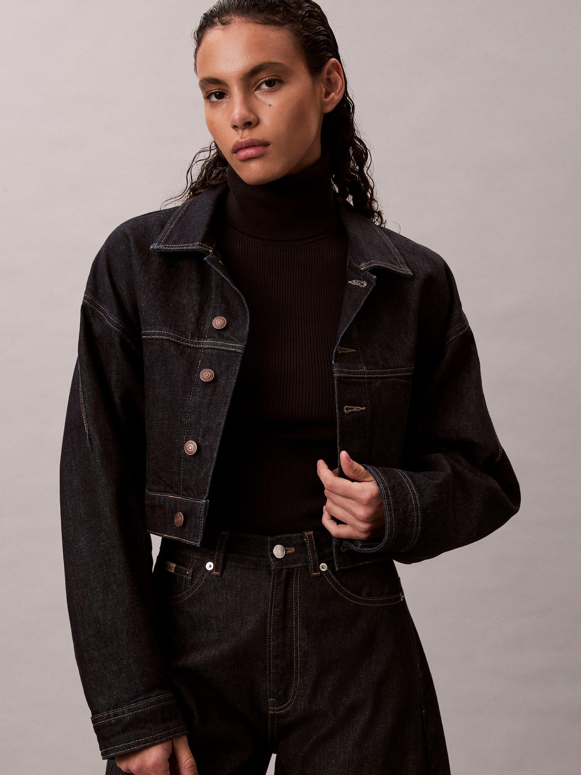 Product image 5 of 5, which shows Calvin Klein Woven Label Roll Neck Top, Black, M