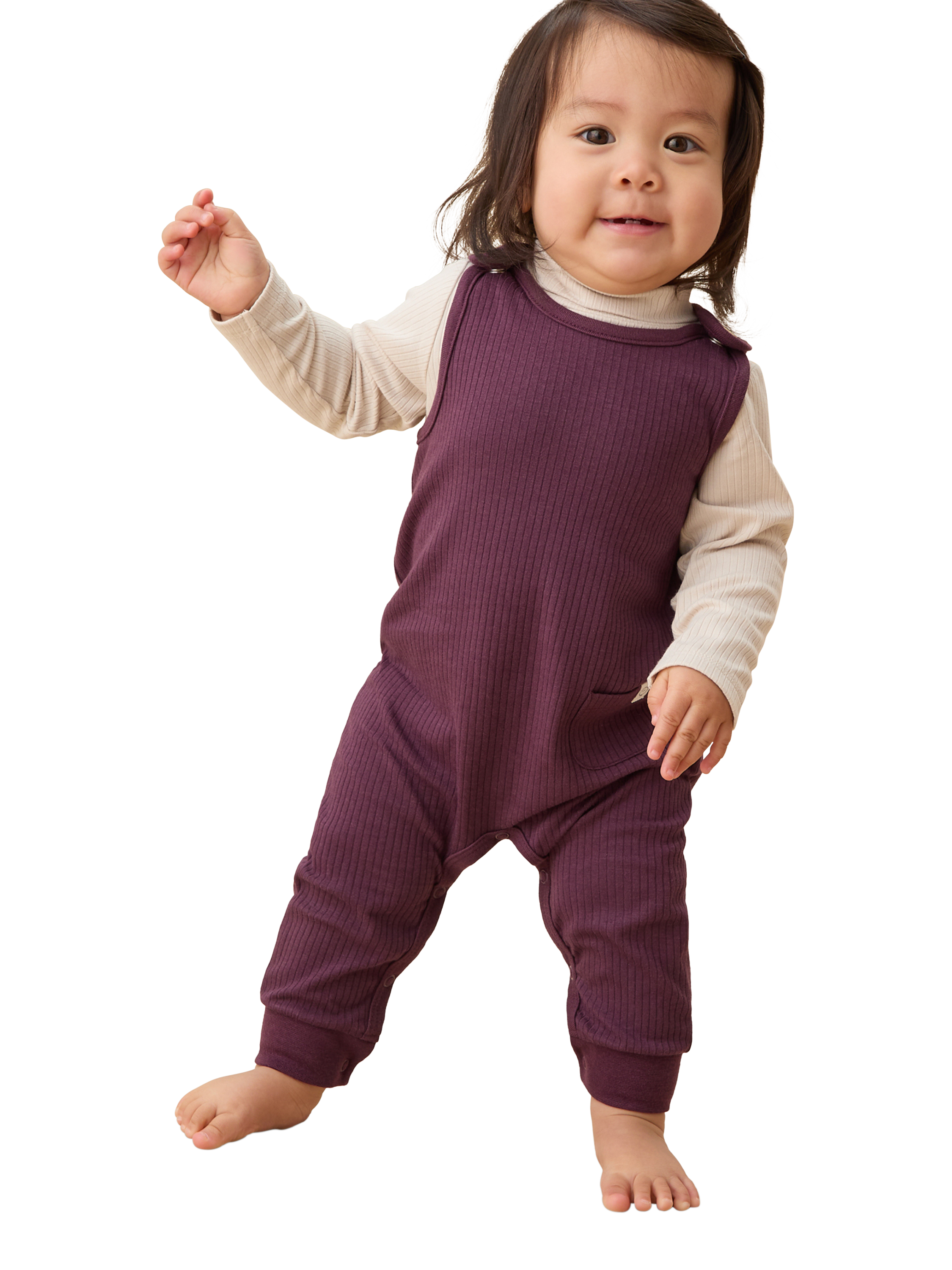 Product image 2 of 3, which shows MORI Baby Cotton Blend Ribbed Dungarees, Berry, 9-12 months