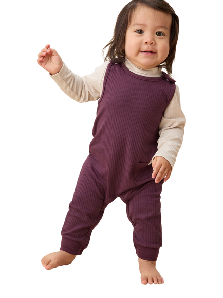 MORI Baby Cotton Blend Ribbed Dungarees - view 2, Berry