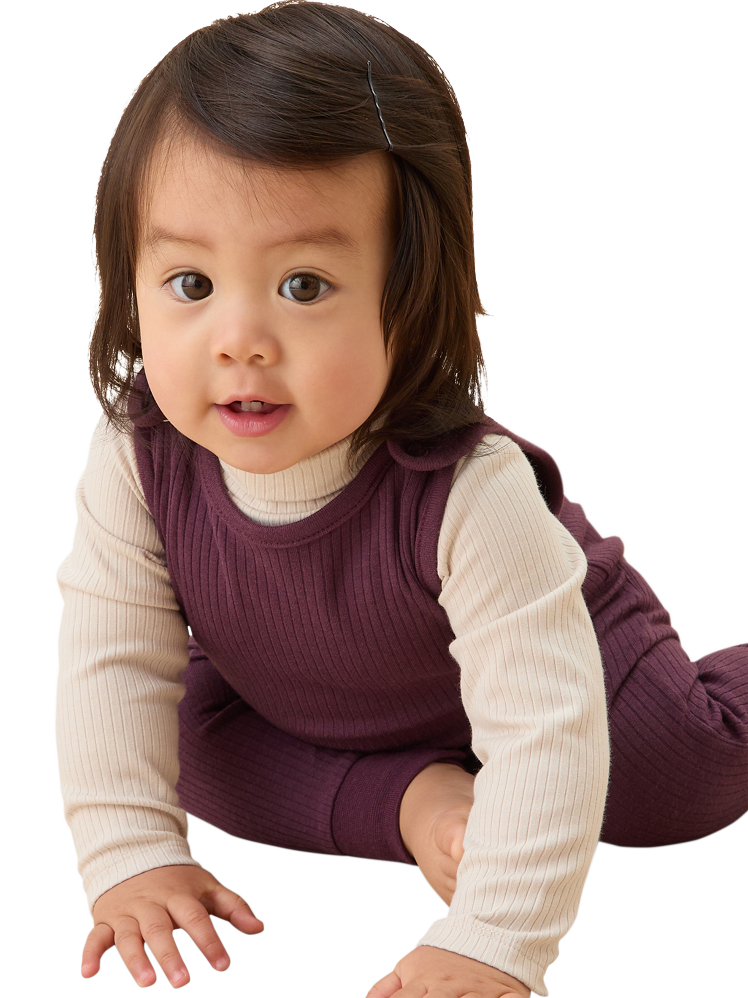 Product image 3 of 3, which shows MORI Baby Cotton Blend Ribbed Dungarees, Berry, 9-12 months