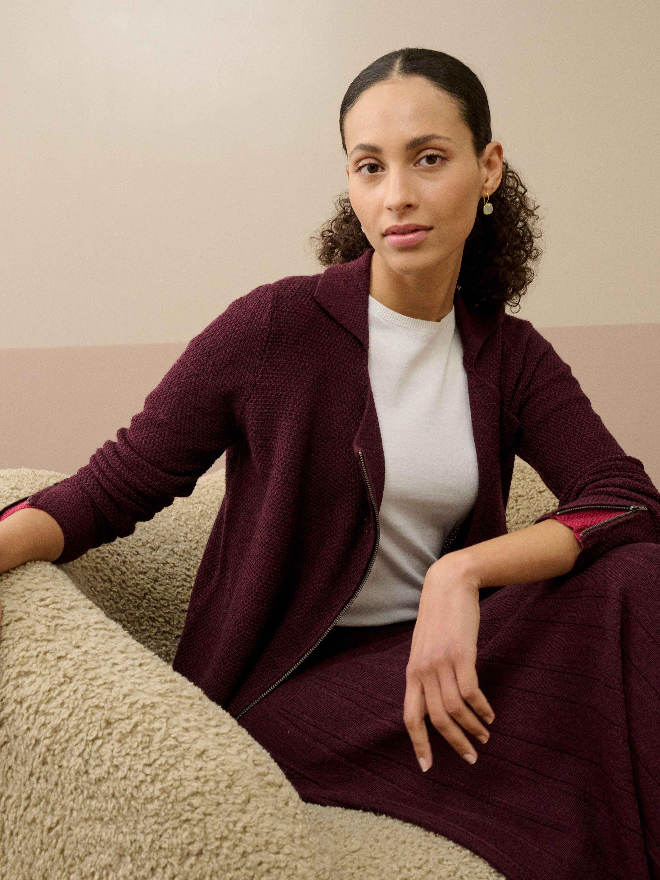 Product image 1 of 4, which shows Brora Asymmetric Pure Merino Wool Biker Jacket, Damson, 8
