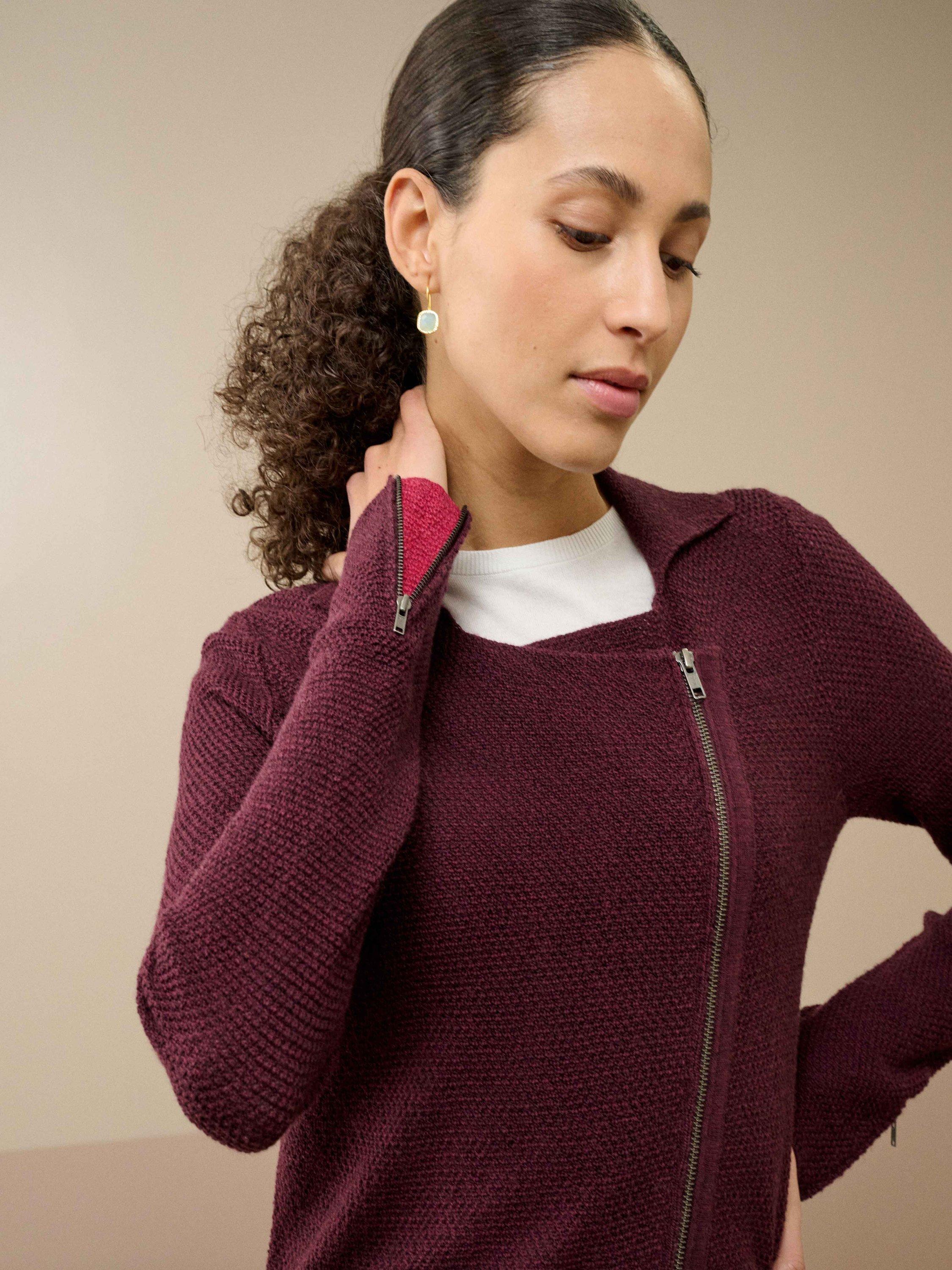 Product image 3 of 4, which shows Brora Asymmetric Pure Merino Wool Biker Jacket, Damson, 8