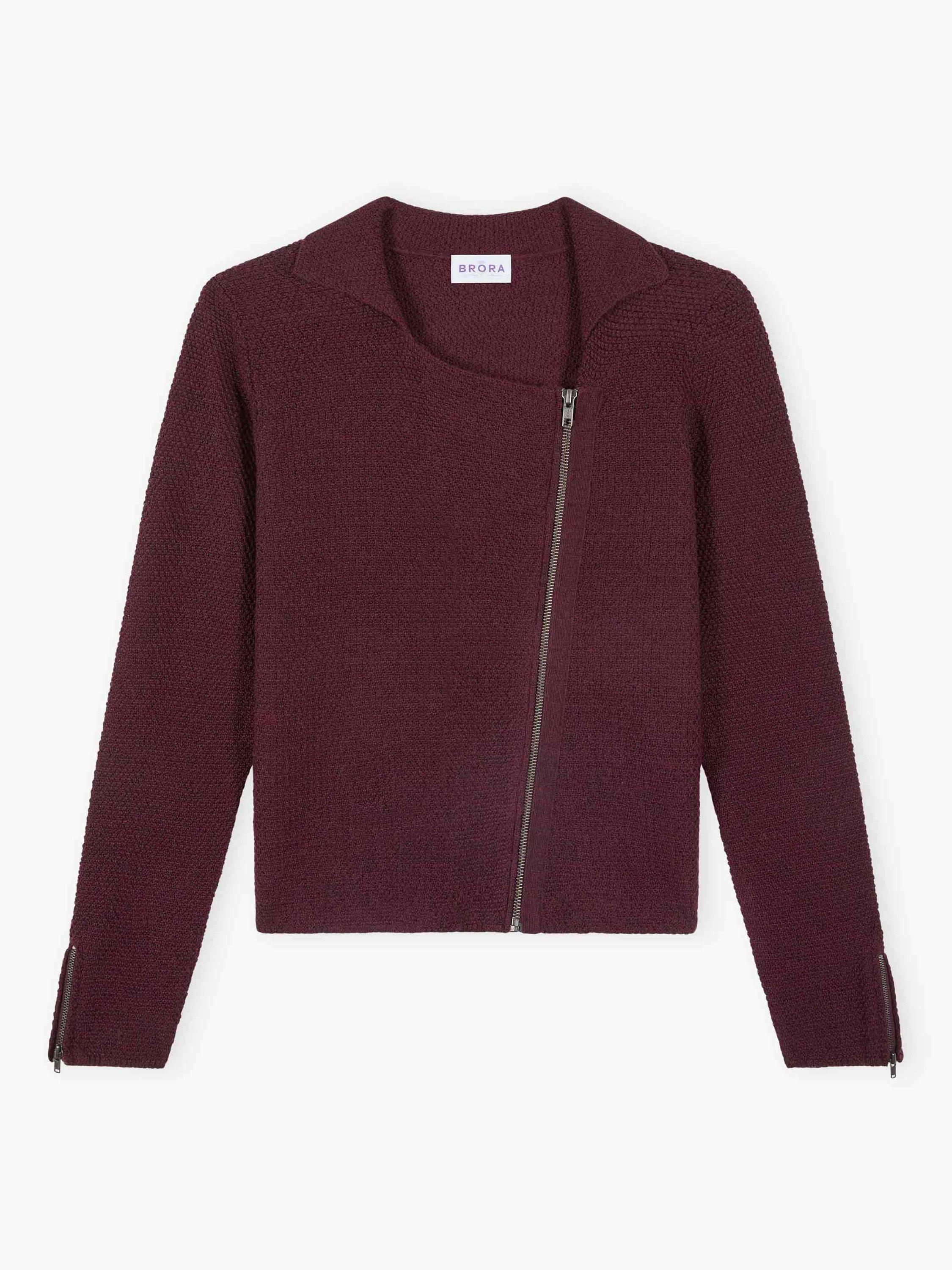 Product image 4 of 4, which shows Brora Asymmetric Pure Merino Wool Biker Jacket, Damson, 8