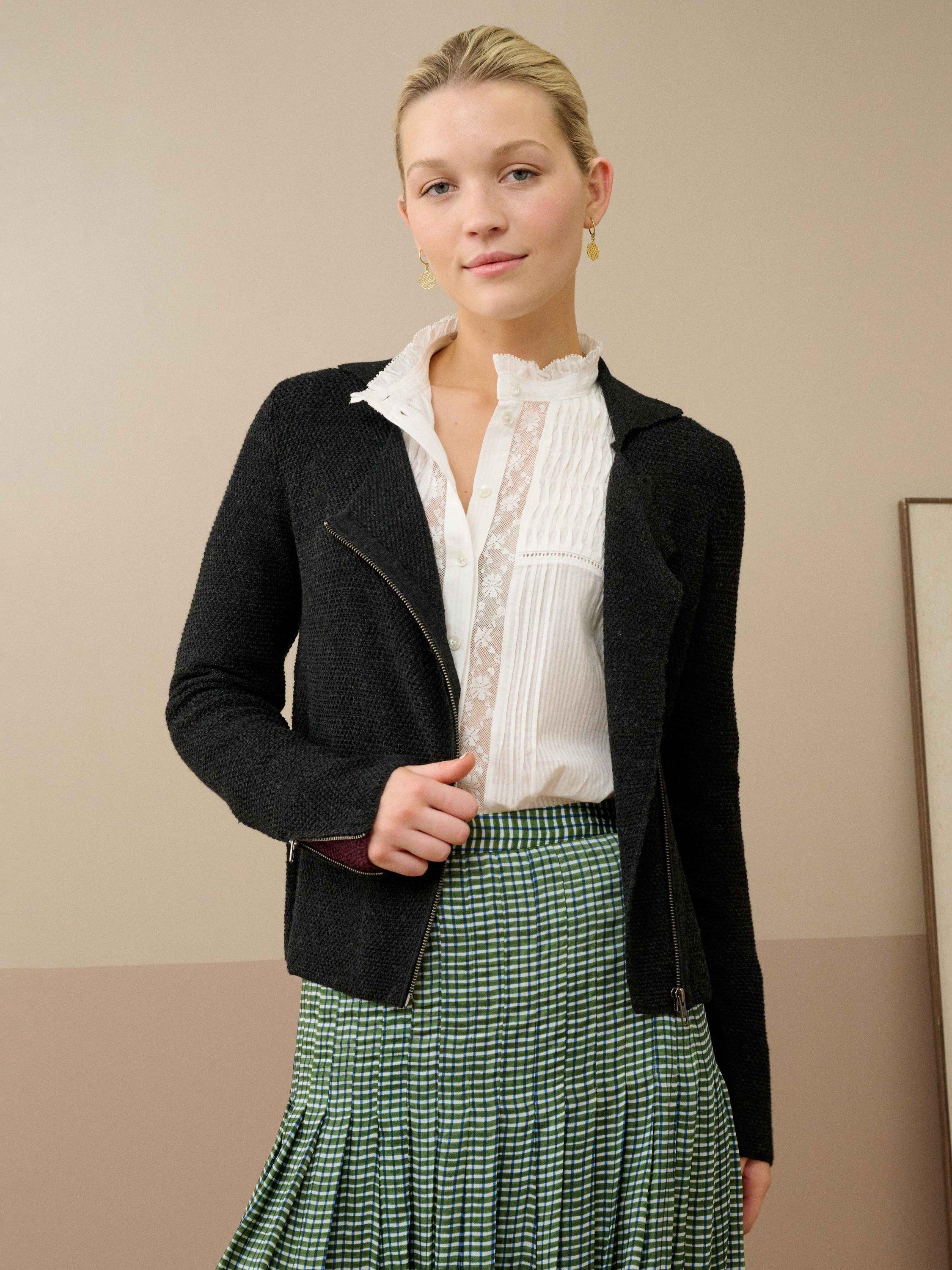 Product image 3 of 5, which shows Brora Asymmetric Pure Merino Wool Biker Jacket, Charcoal, 8