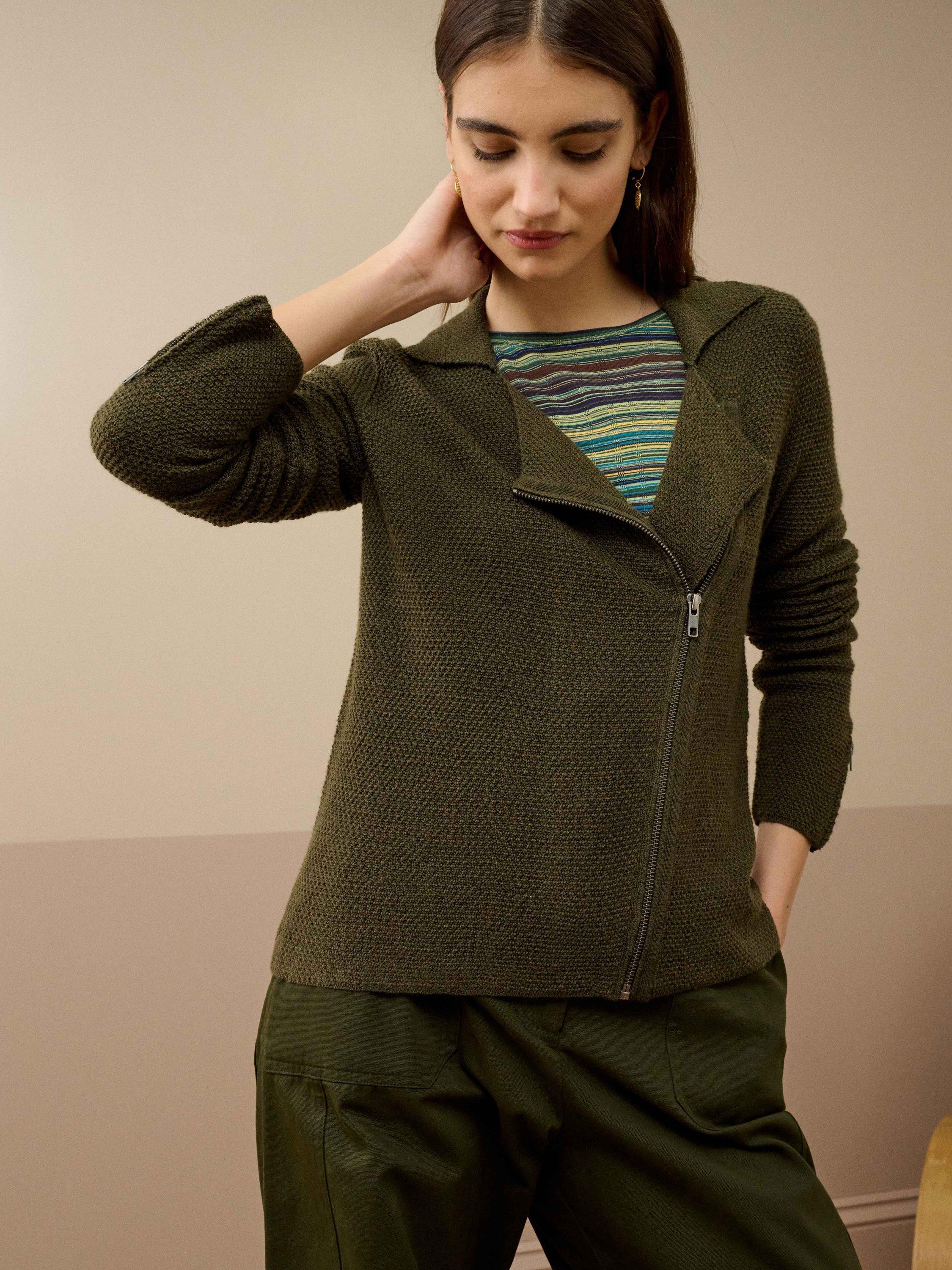 Product image 1 of 5, which shows Brora Asymmetric Pure Merino Wool Biker Jacket, Olive, 8