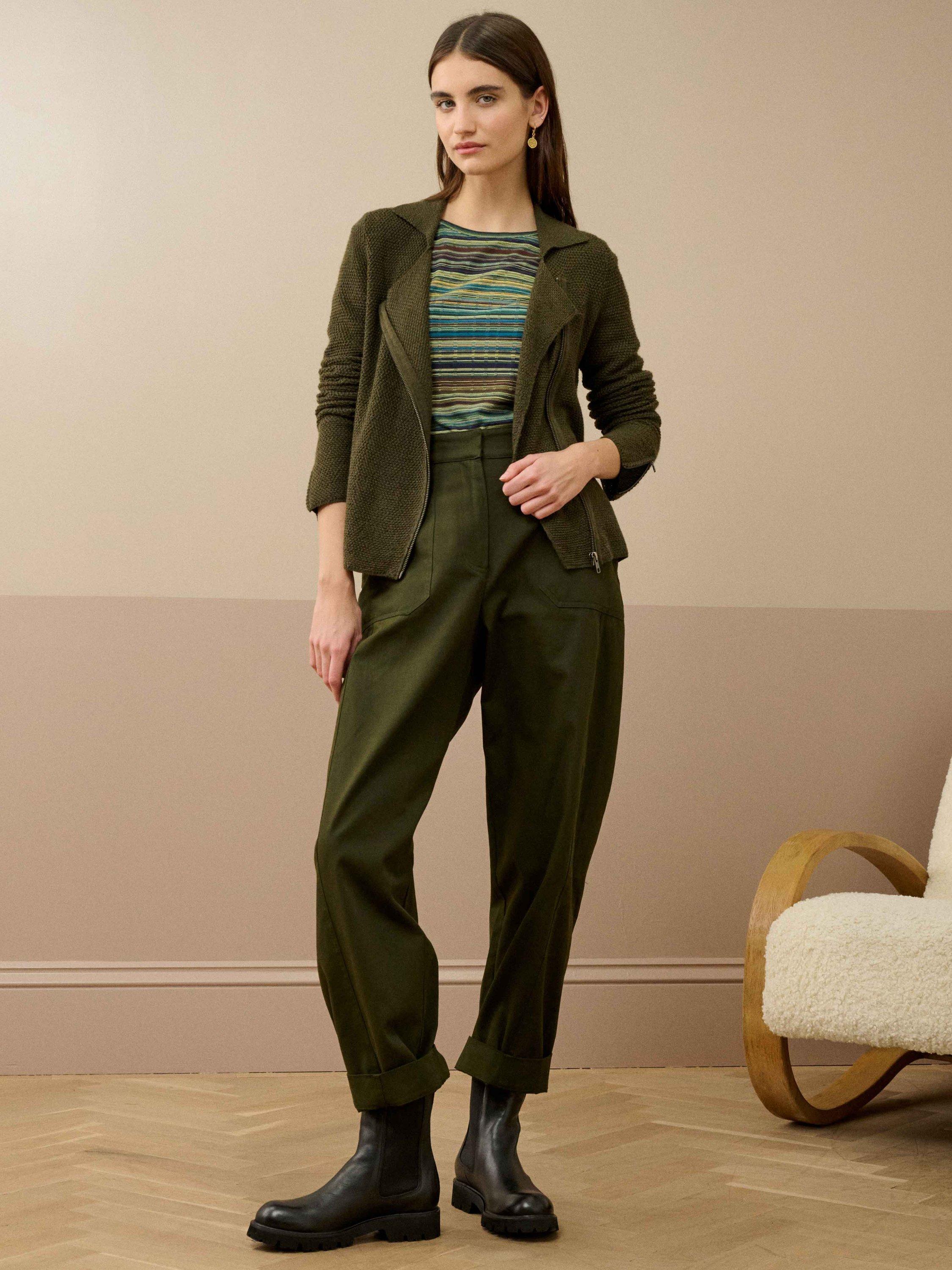 Product image 2 of 5, which shows Brora Asymmetric Pure Merino Wool Biker Jacket, Olive, 8