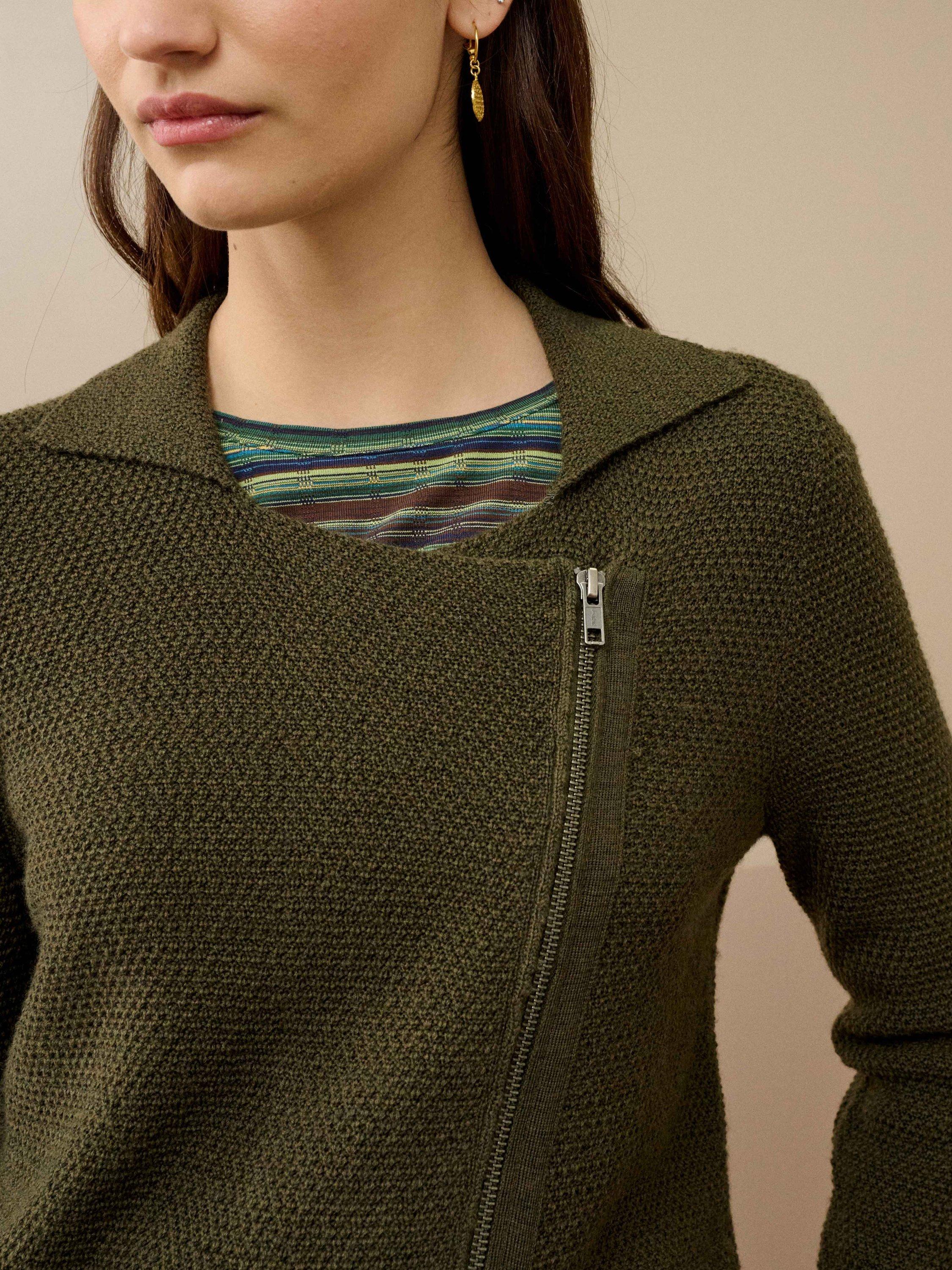Product image 4 of 5, which shows Brora Asymmetric Pure Merino Wool Biker Jacket, Olive, 8