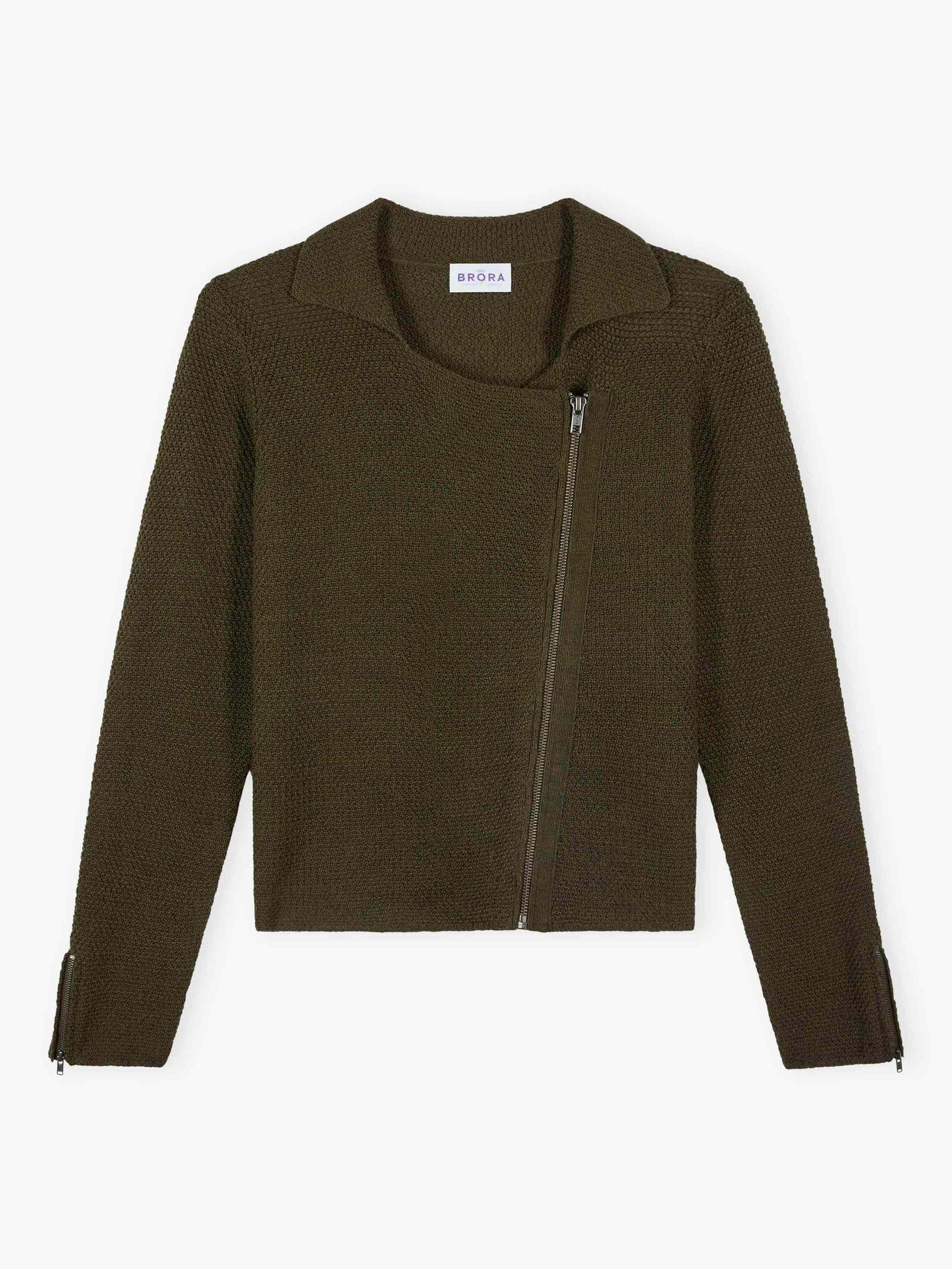 Product image 5 of 5, which shows Brora Asymmetric Pure Merino Wool Biker Jacket, Olive, 8