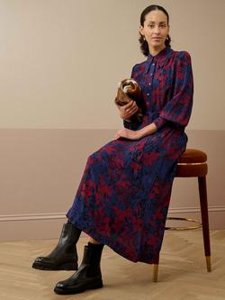 Brora Crepe Leaves Shirt Dress, Indigo/Cranberry - view 2, Indigo/Cranberry
