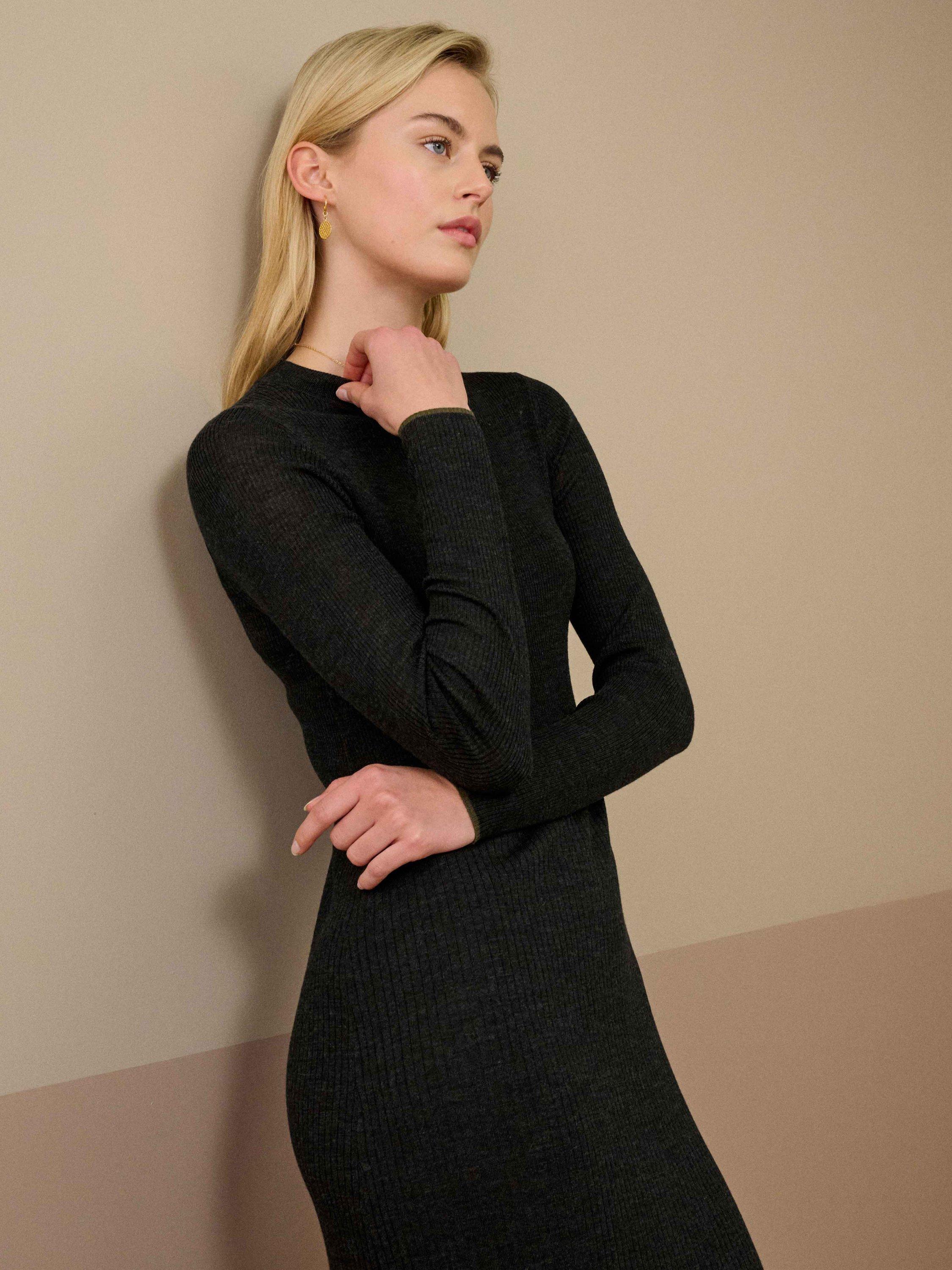 Product image 3 of 4, which shows Brora Contrast Trim Cuff Ribbed Pure Merino Wool Dress, Charcoal, 8