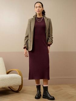 Brora Contrast Trim Cuff Ribbed Pure Merino Wool Dress - view 2, Damson