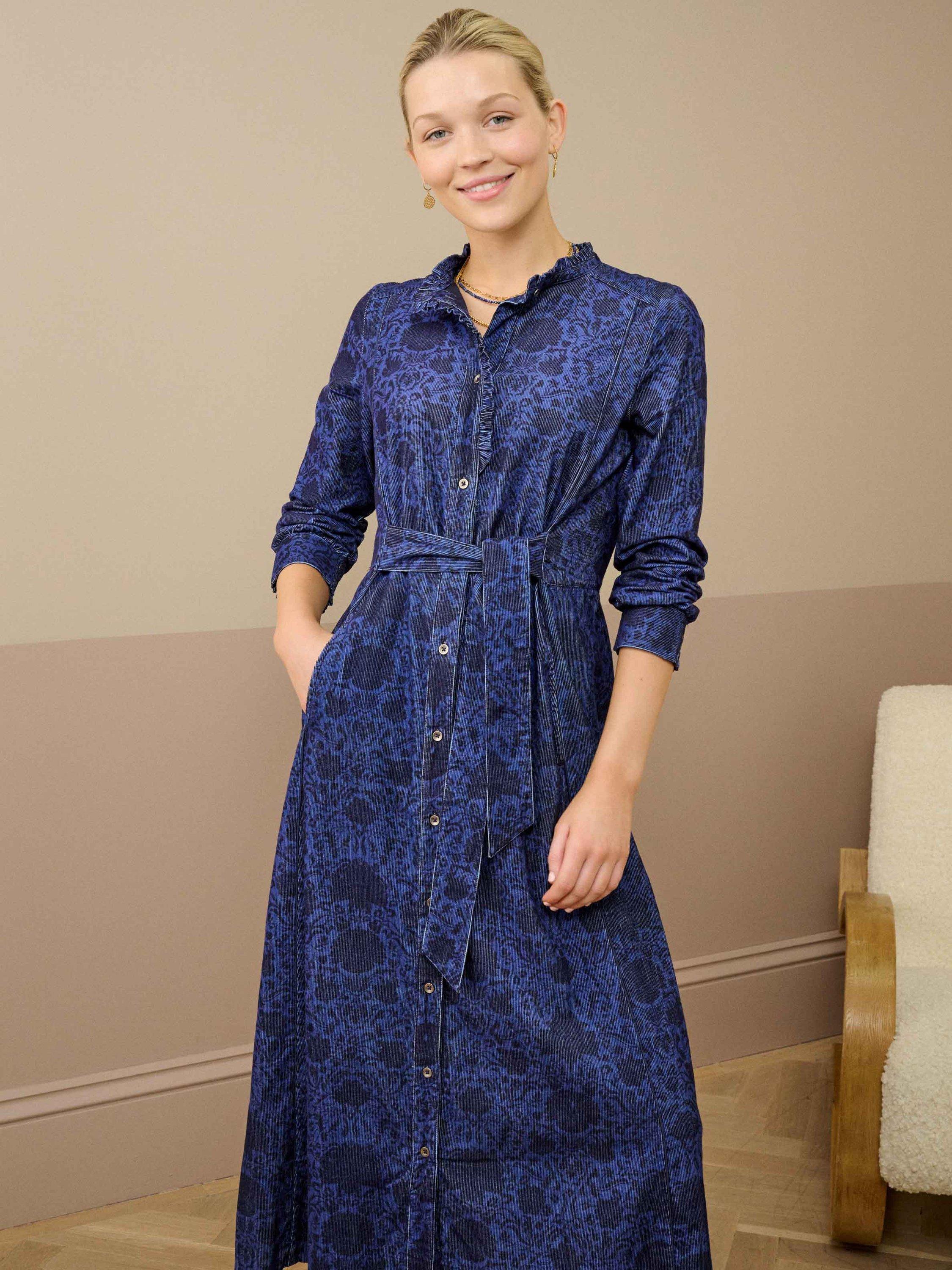 Product image 1 of 5, which shows Brora Block Print Needlecord Frill Shirt Dress, China Blue, 6