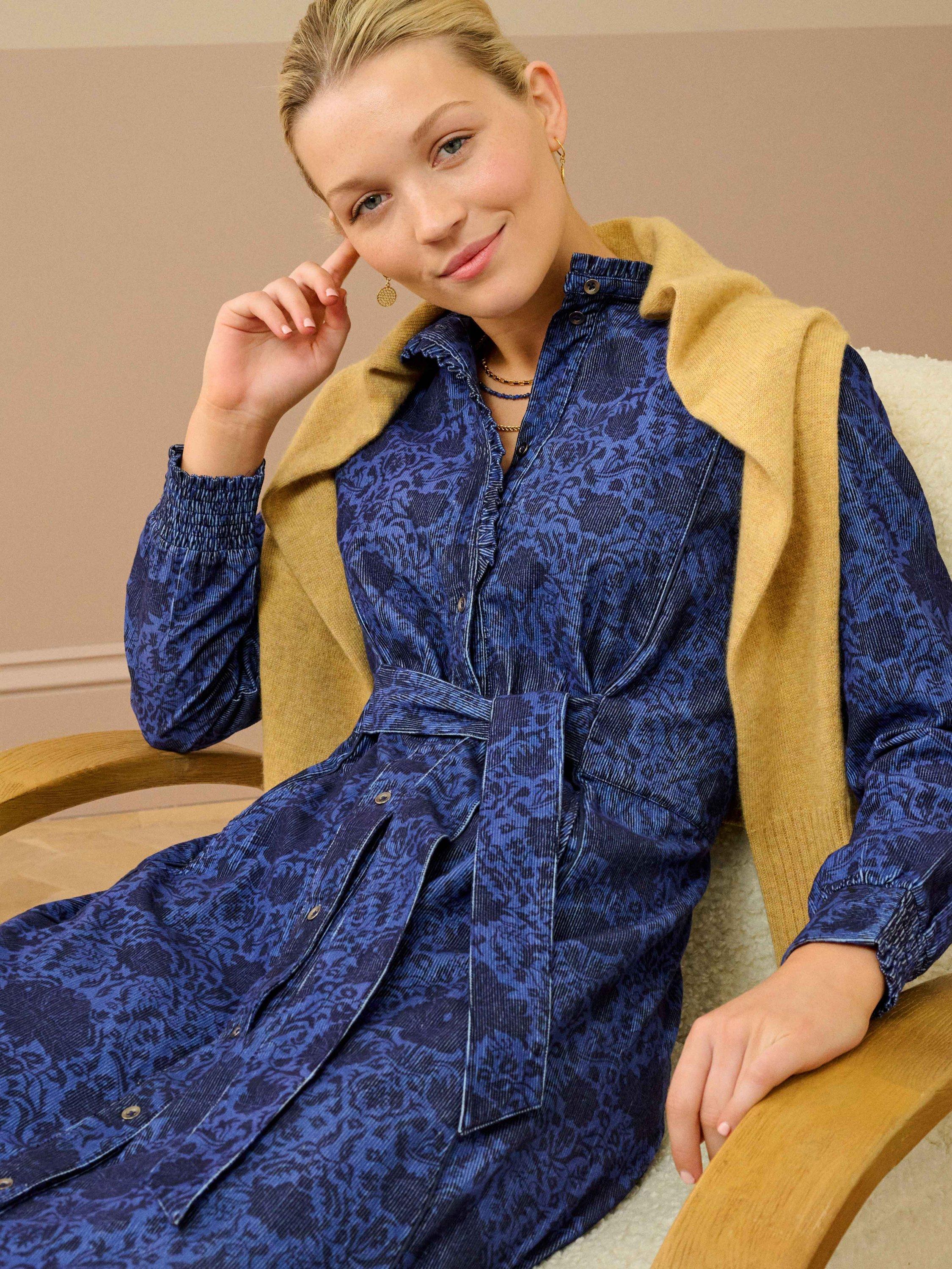 Product image 2 of 5, which shows Brora Block Print Needlecord Frill Shirt Dress, China Blue, 6