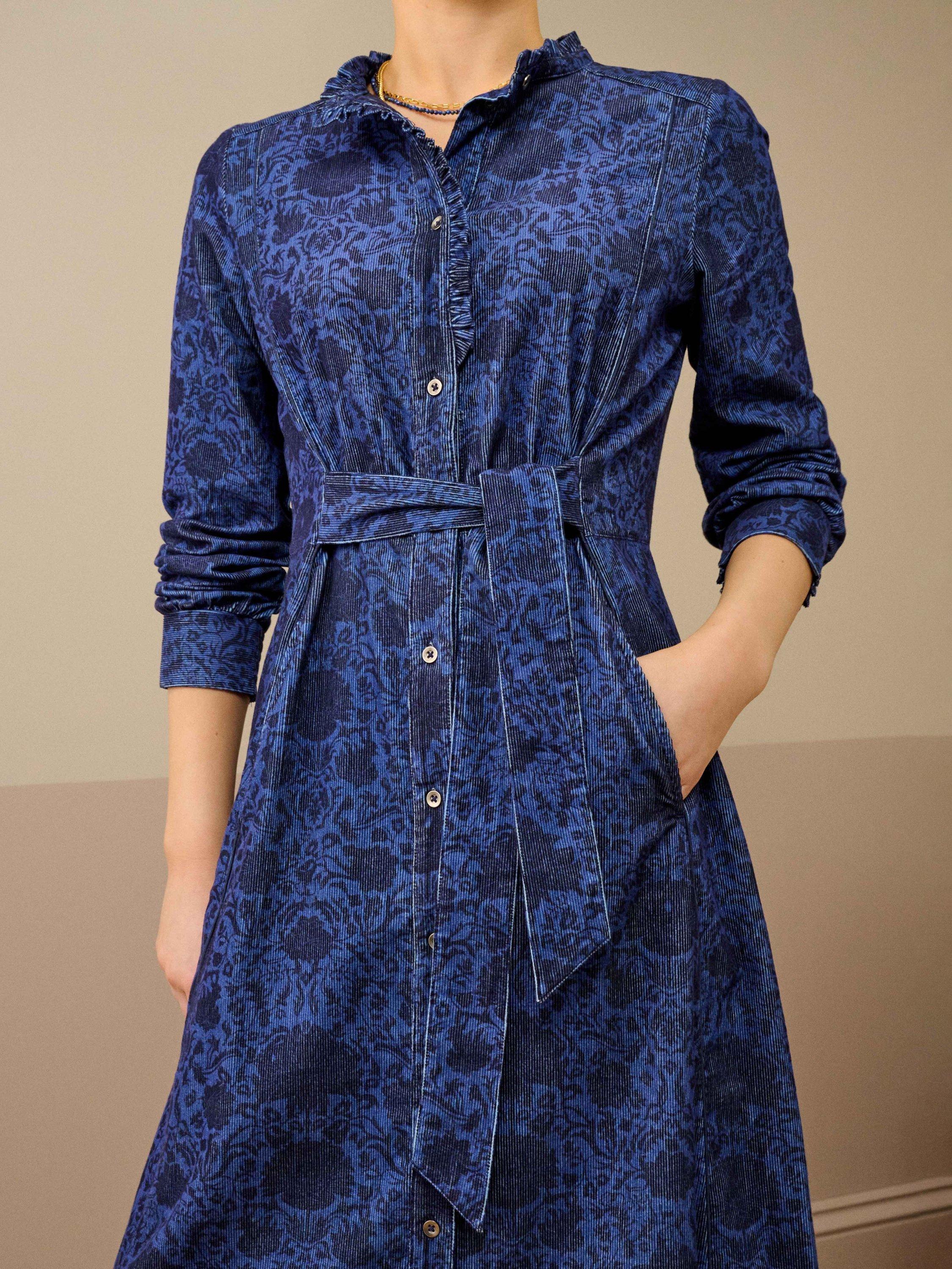 Product image 3 of 5, which shows Brora Block Print Needlecord Frill Shirt Dress, China Blue, 6