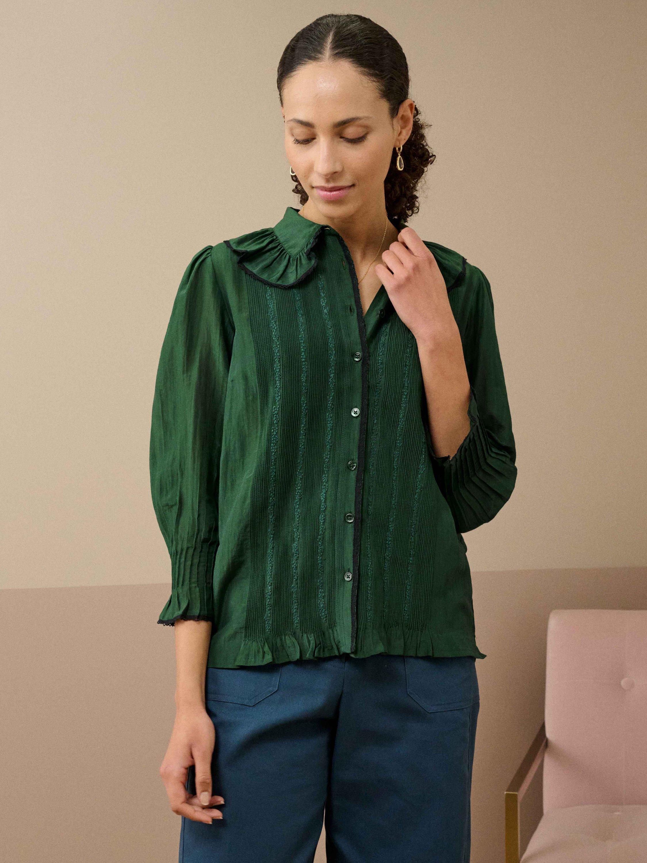 Product image 1 of 5, which shows Brora Micro Pintuck Contrast Trim Shirt, Mallard, 6