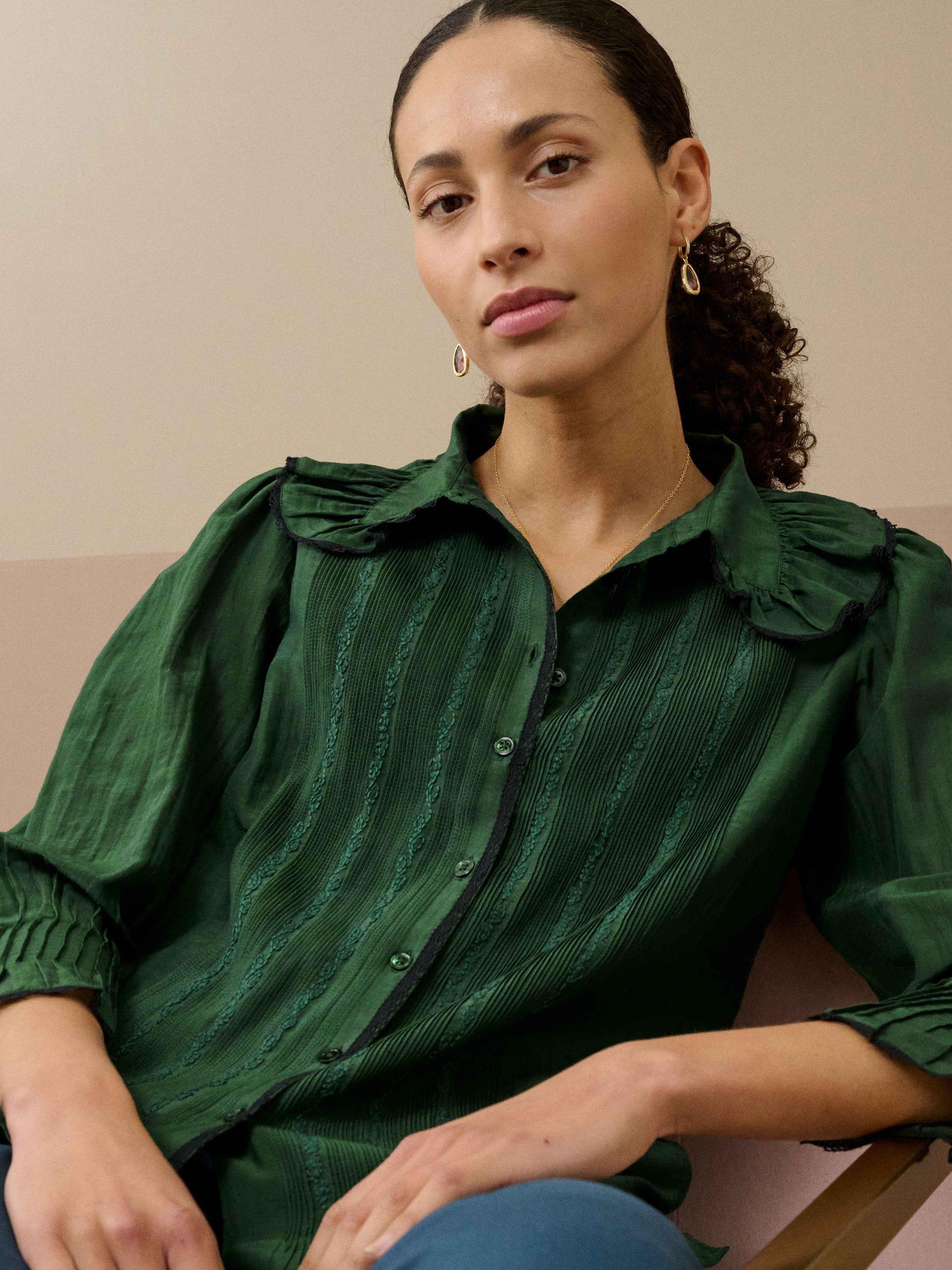 Product image 2 of 5, which shows Brora Micro Pintuck Contrast Trim Shirt, Mallard, 6