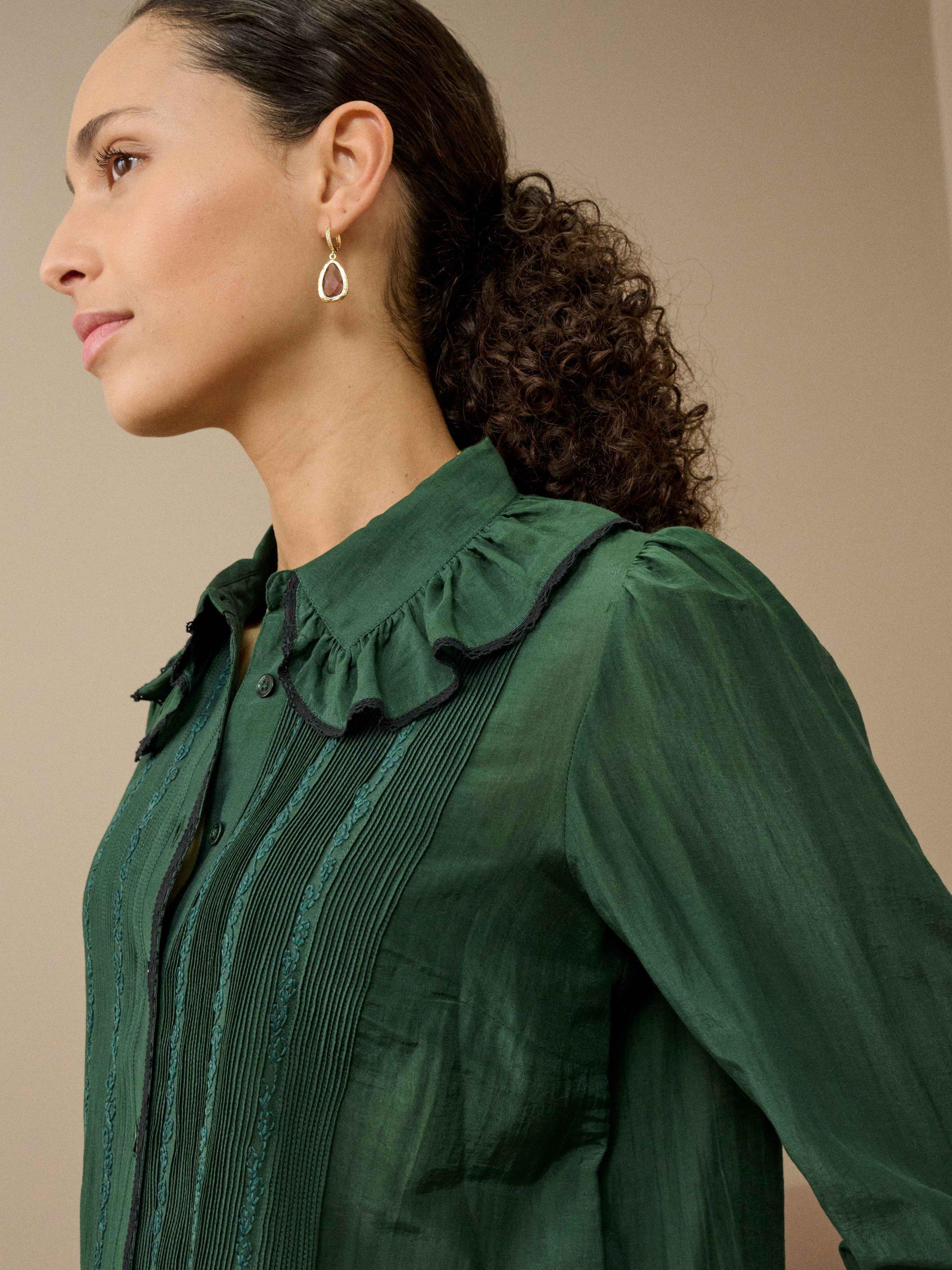 Product image 3 of 5, which shows Brora Micro Pintuck Contrast Trim Shirt, Mallard, 6