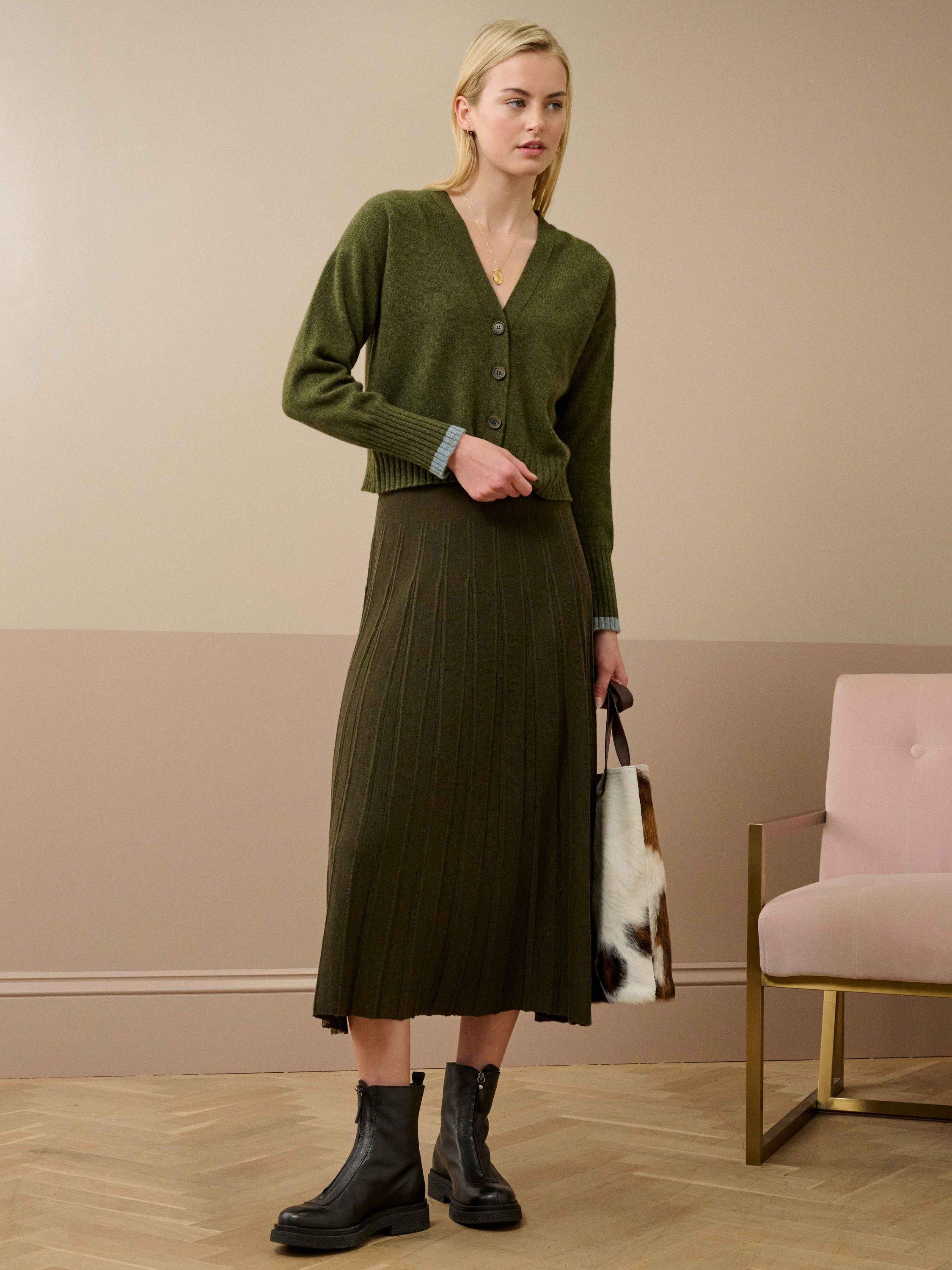 Product image 1 of 5, which shows Brora Stitch Pleat Pure Merino Wool Skirt, Olive, 12-14