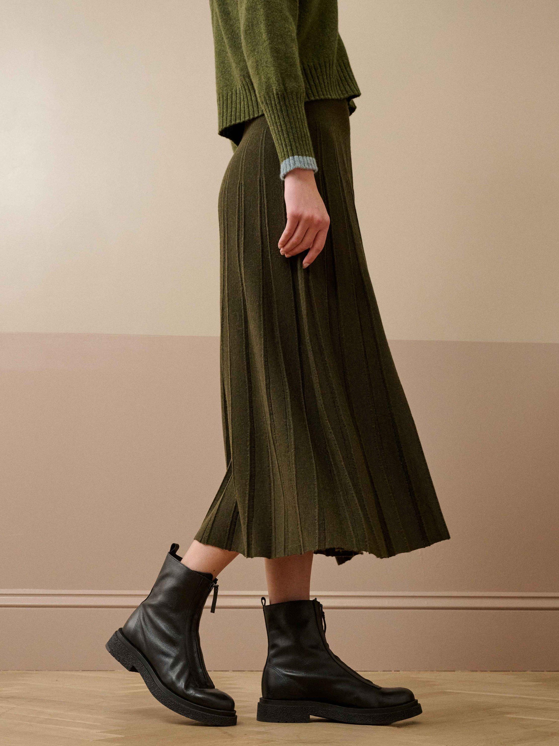Product image 2 of 5, which shows Brora Stitch Pleat Pure Merino Wool Skirt, Olive, 12-14