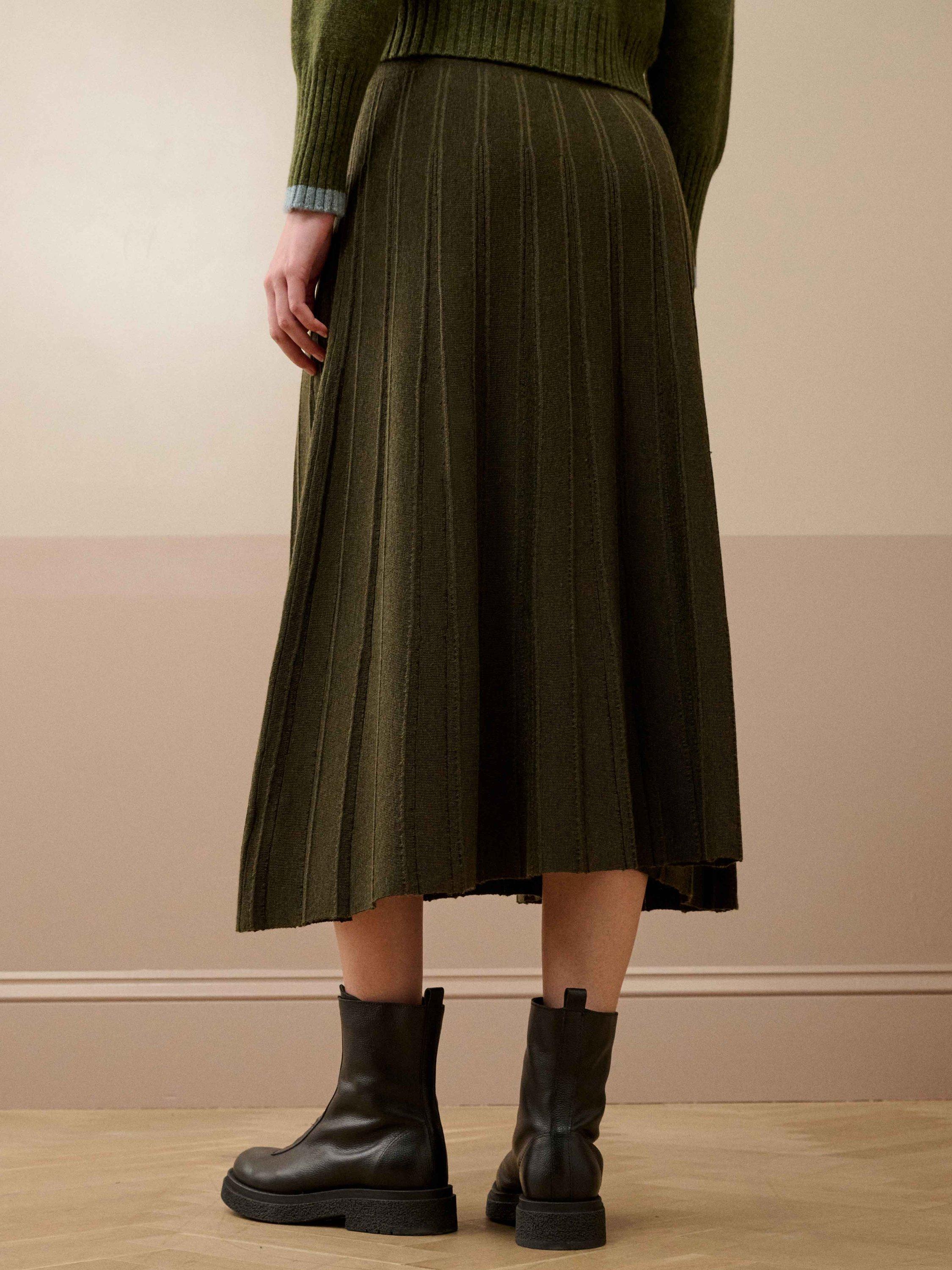 Product image 4 of 5, which shows Brora Stitch Pleat Pure Merino Wool Skirt, Olive, 12-14