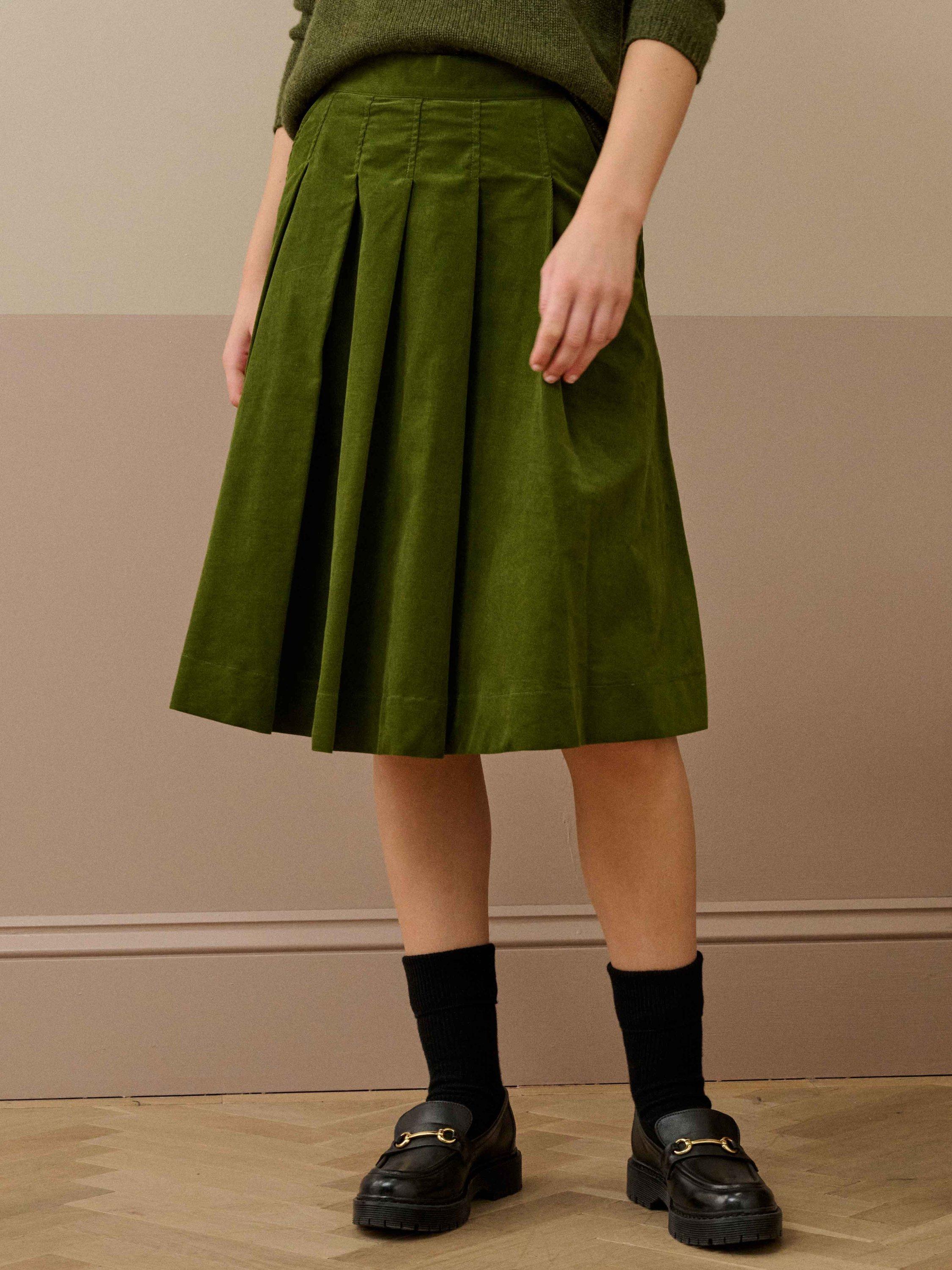 Product image 1 of 5, which shows Brora Pleated Needlecord Skirt, Olive Green, 6
