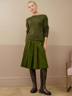 Brora Pleated Needlecord Skirt - view 2, Olive Green