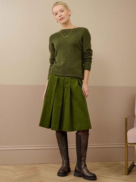 Brora Pleated Needlecord Skirt - view 2, Olive Green