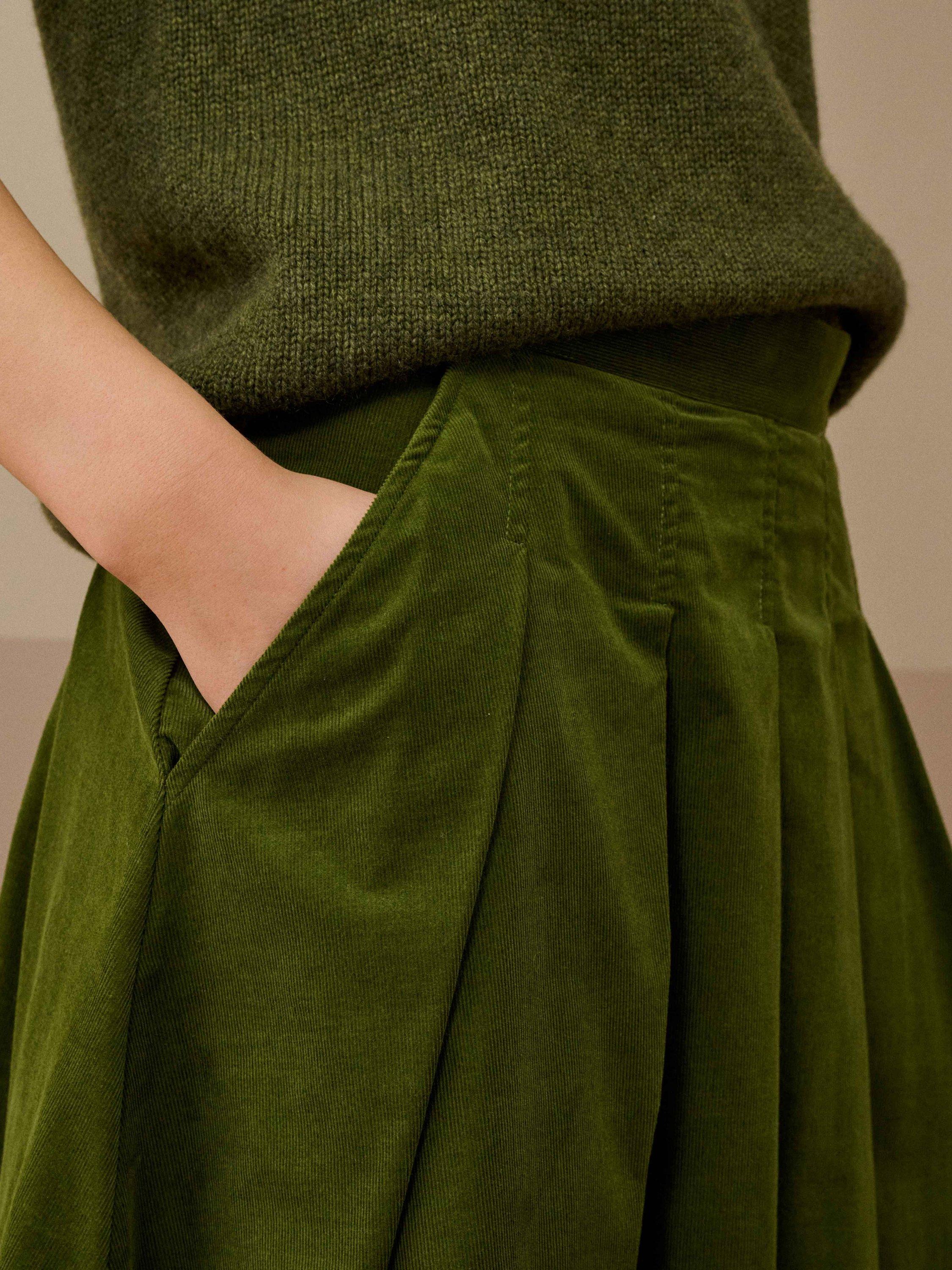 Product image 3 of 5, which shows Brora Pleated Needlecord Skirt, Olive Green, 6