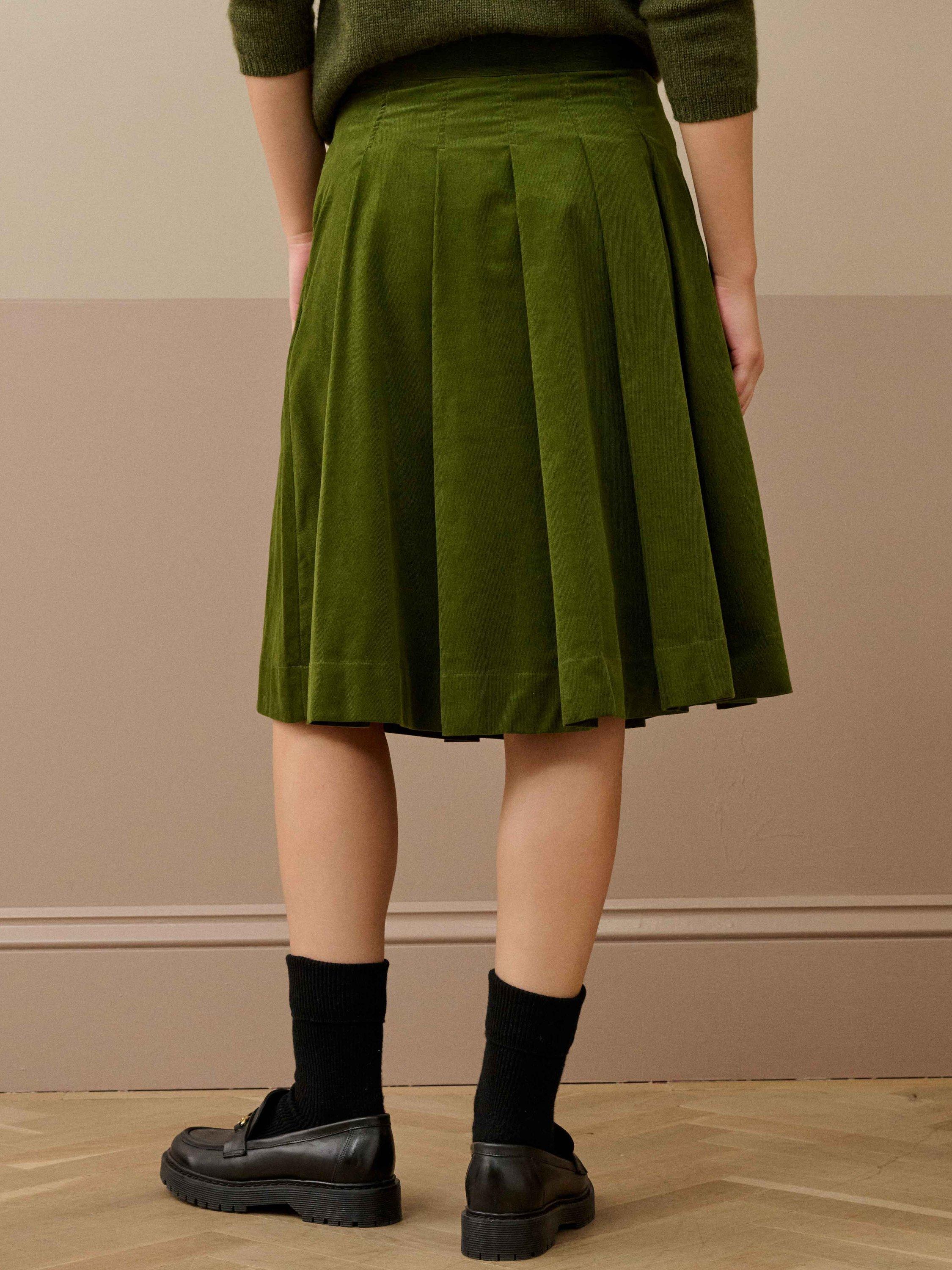 Product image 4 of 5, which shows Brora Pleated Needlecord Skirt, Olive Green, 6