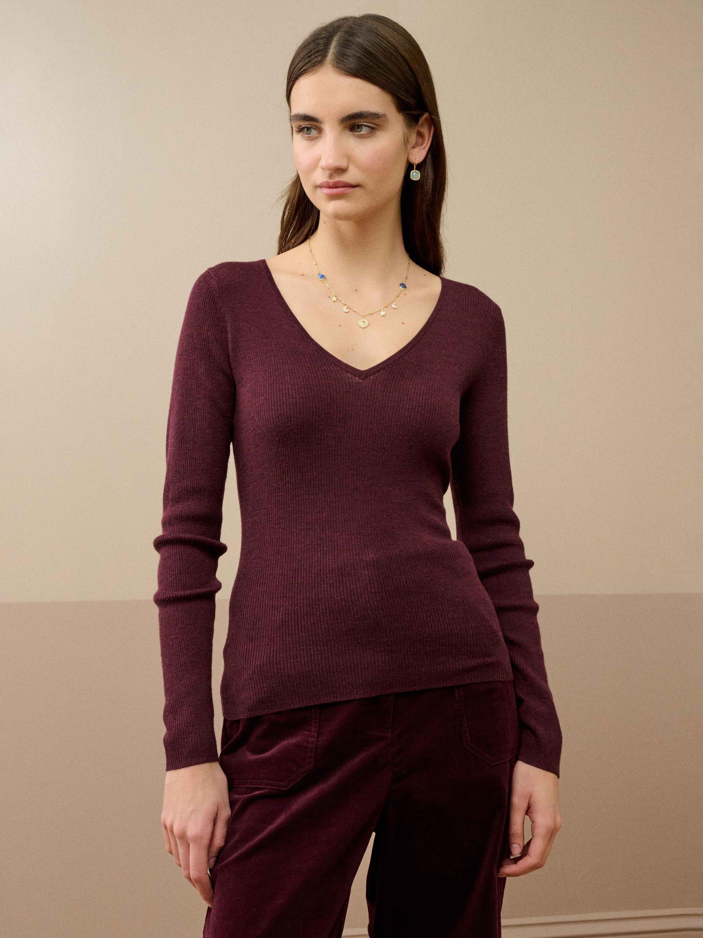 Product image 1 of 4, which shows Brora V-Neck Ribbed Pure Merino Wool Jumper, Damson, 8