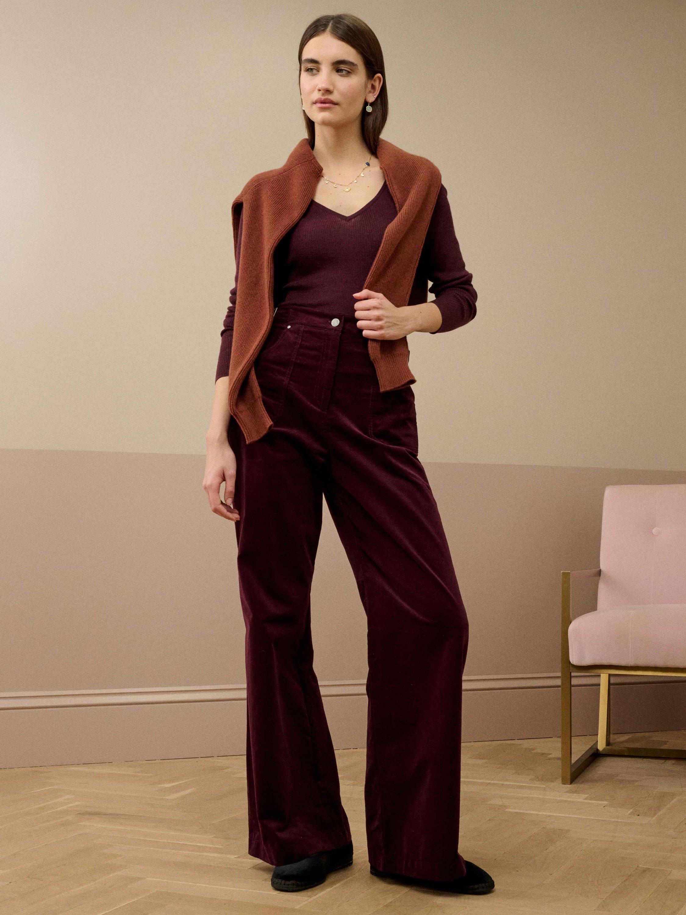 Product image 2 of 4, which shows Brora V-Neck Ribbed Pure Merino Wool Jumper, Damson, 8