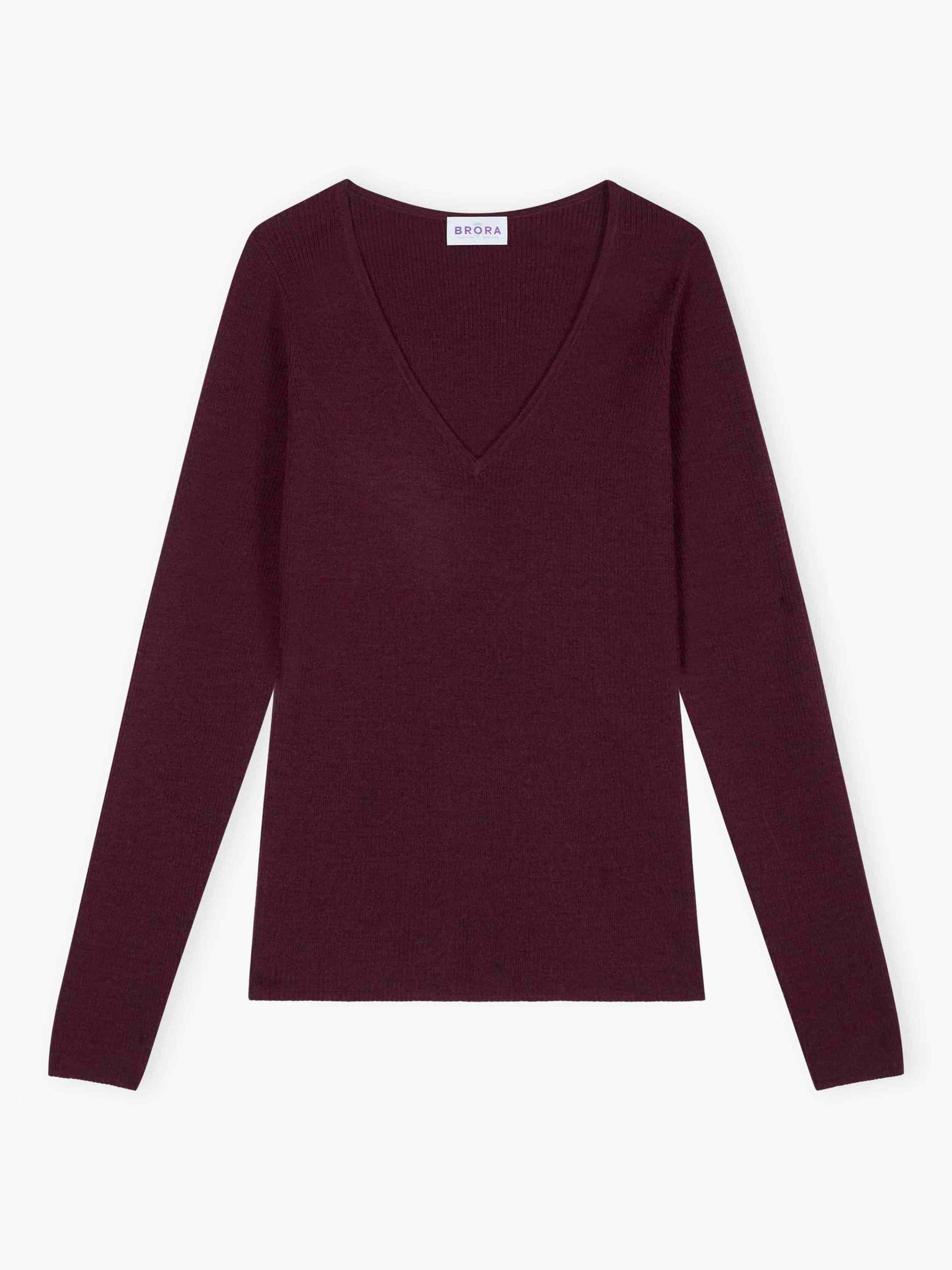Product image 4 of 4, which shows Brora V-Neck Ribbed Pure Merino Wool Jumper, Damson, 8