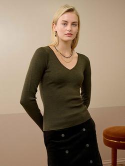 Brora V-Neck Ribbed Pure Merino Wool Jumper, Olive