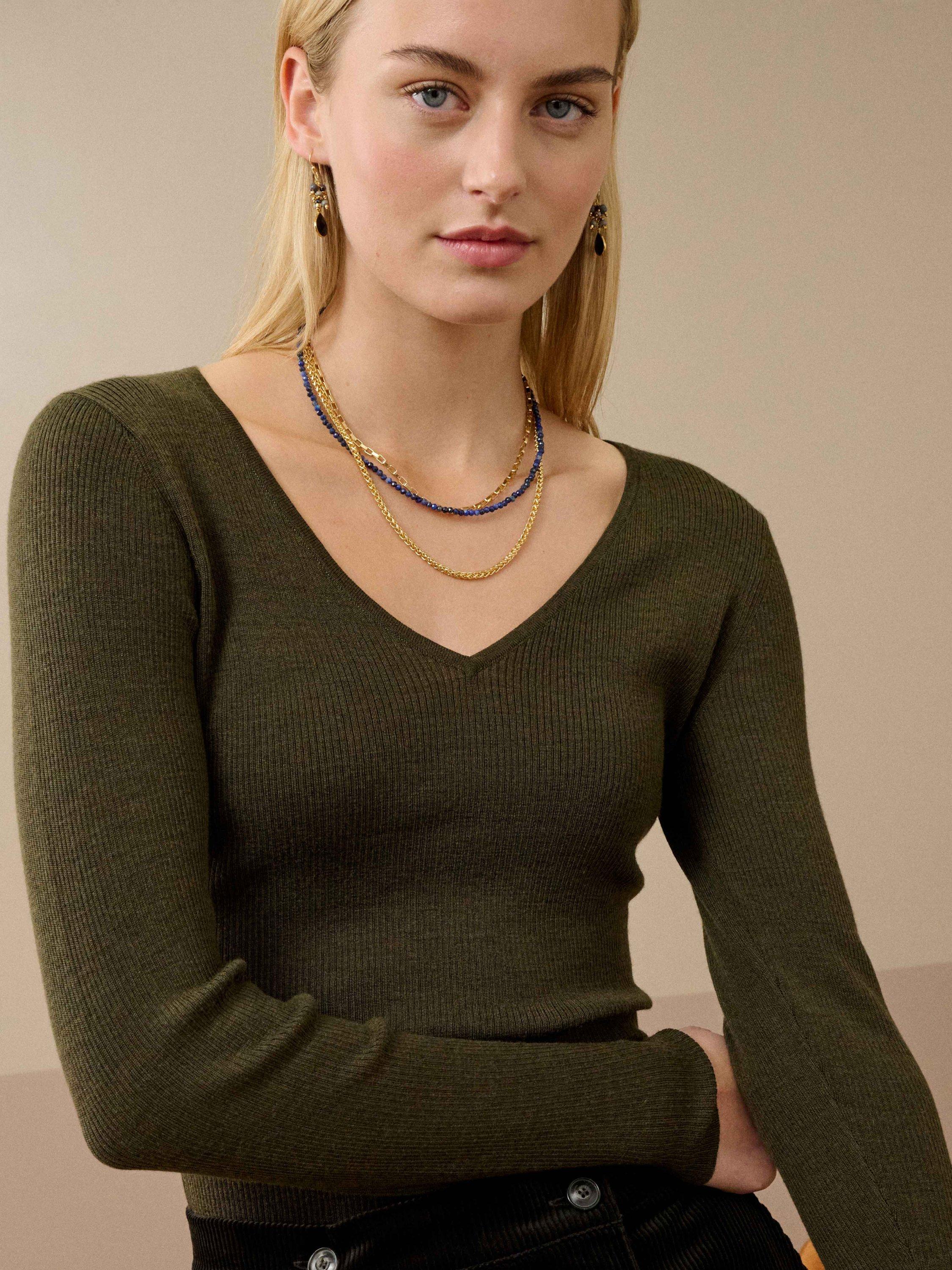 Product image 3 of 4, which shows Brora V-Neck Ribbed Pure Merino Wool Jumper, Olive, 8