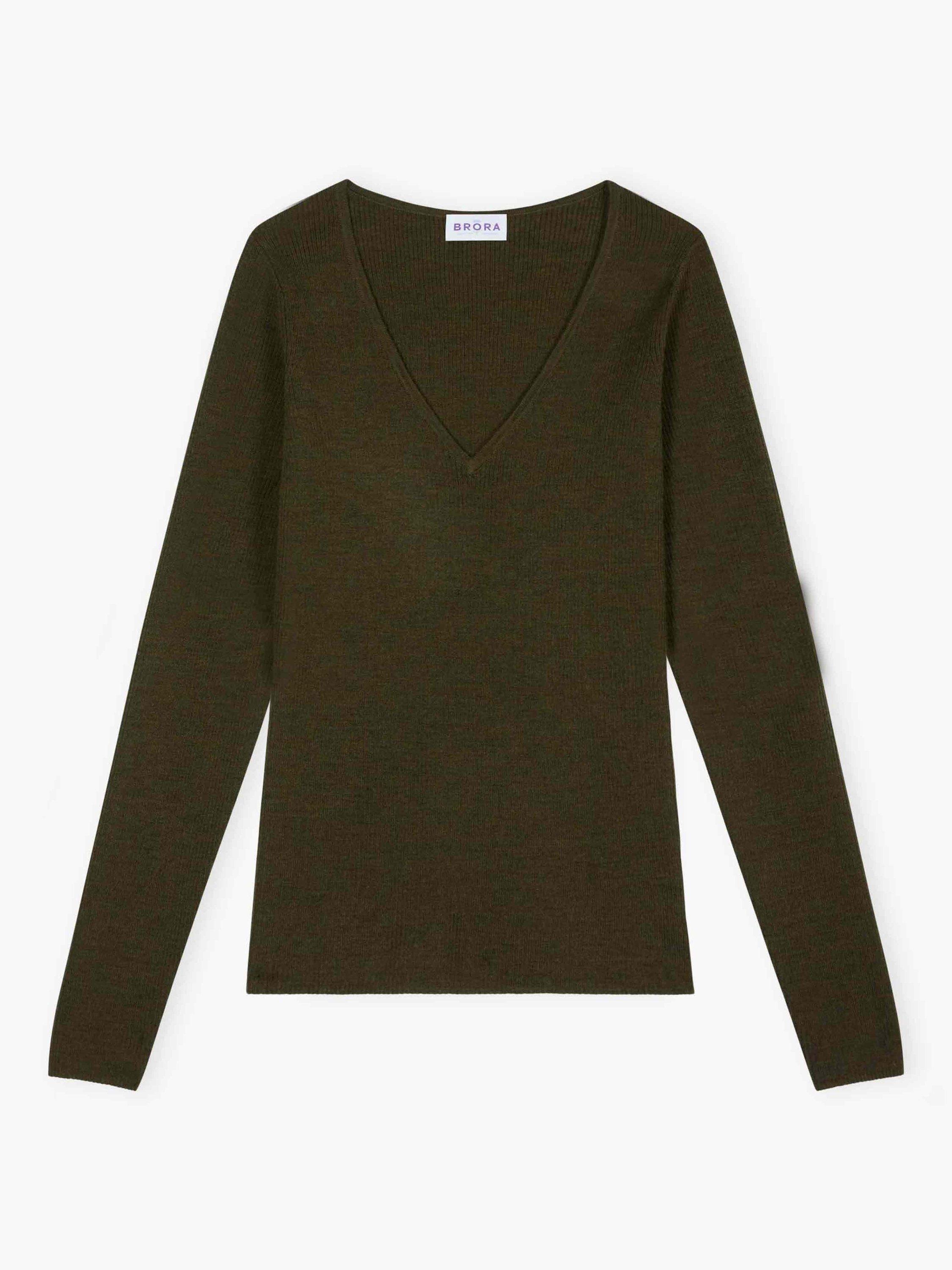 Product image 4 of 4, which shows Brora V-Neck Ribbed Pure Merino Wool Jumper, Olive, 8