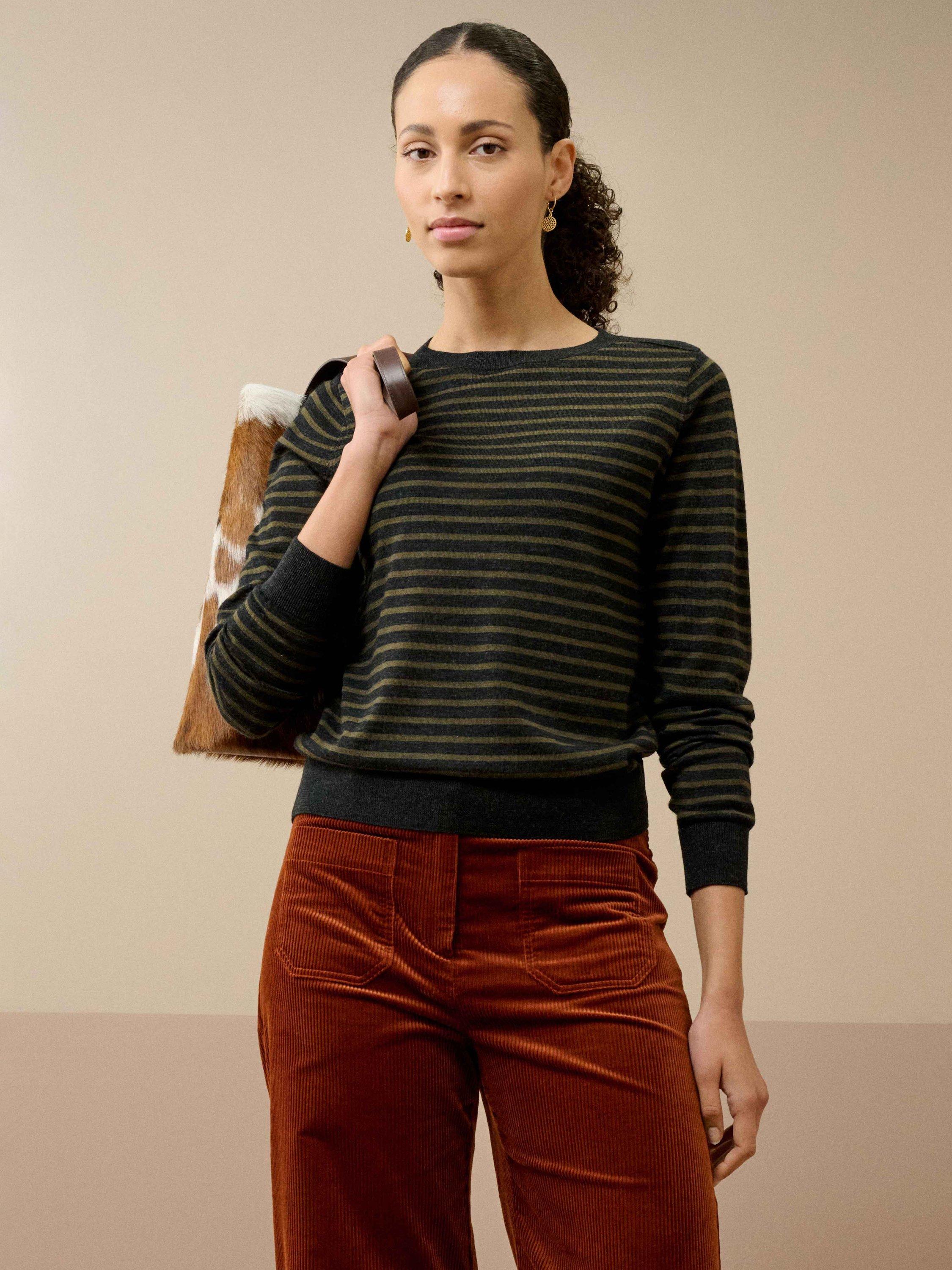 Product image 1 of 5, which shows Brora Breton Stripe Pure Merino Wool Jumper, Charcoal/Olive, 16-18