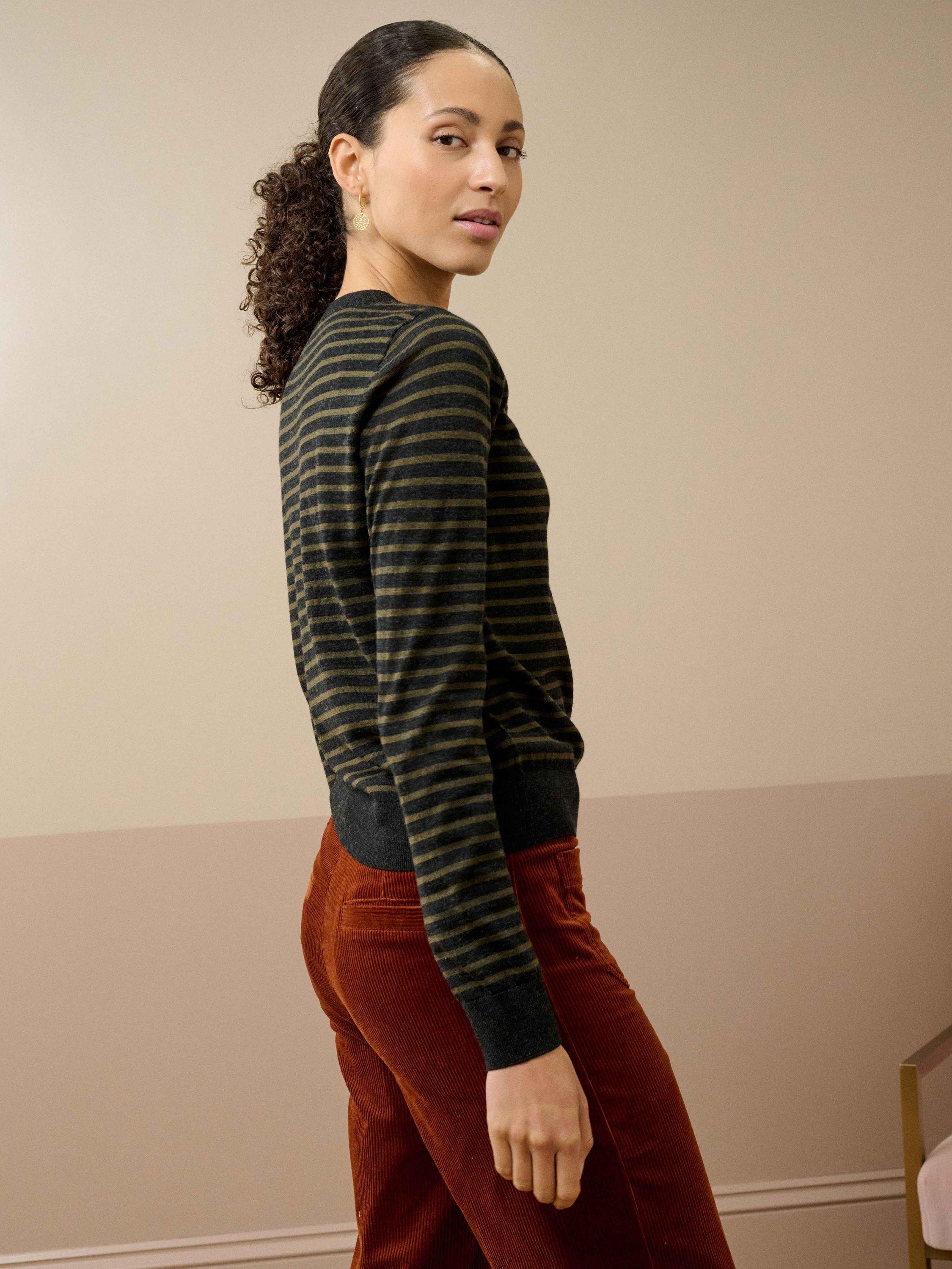 Product image 3 of 5, which shows Brora Breton Stripe Pure Merino Wool Jumper, Charcoal/Olive, 16-18