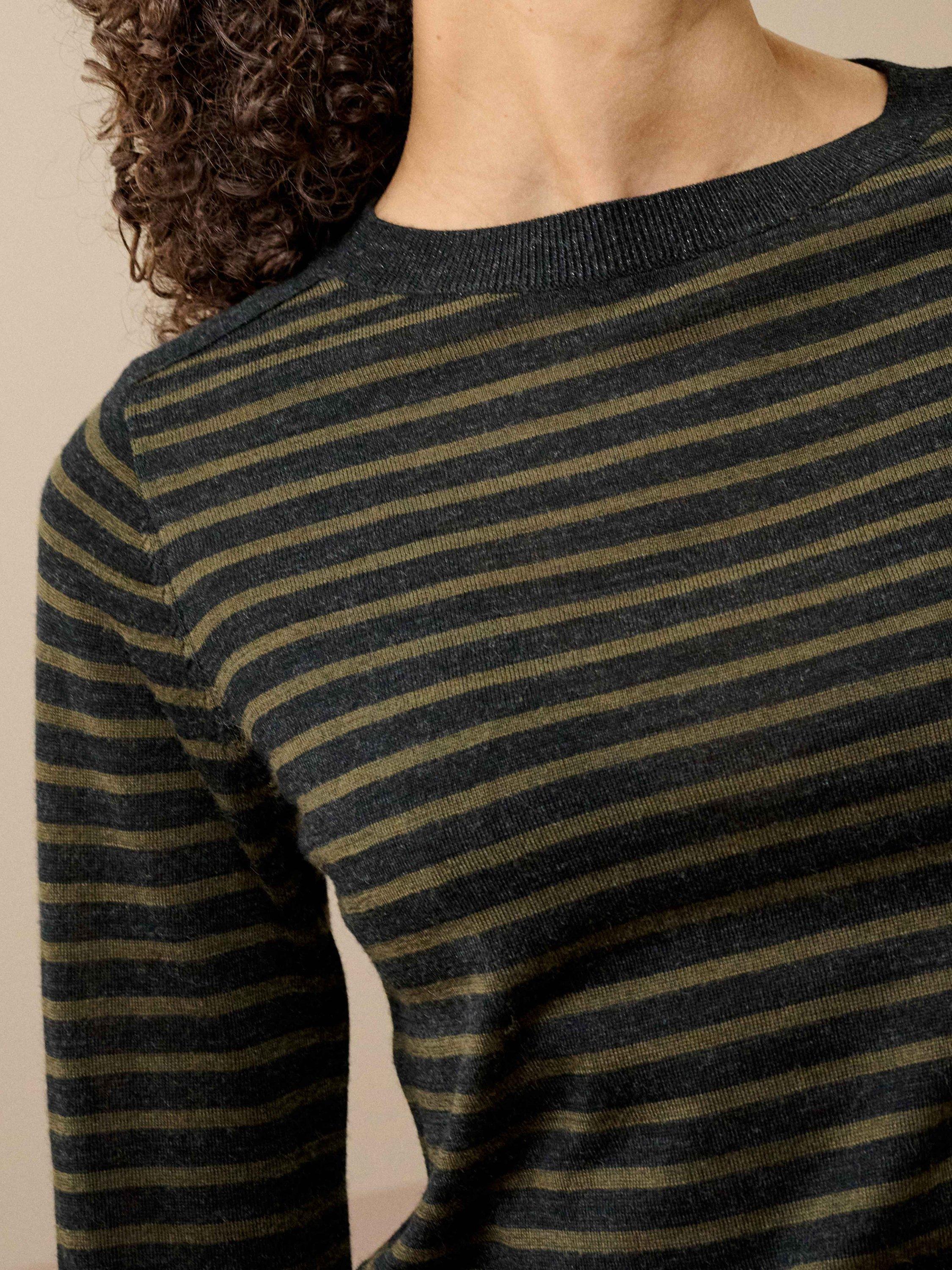 Product image 4 of 5, which shows Brora Breton Stripe Pure Merino Wool Jumper, Charcoal/Olive, 16-18