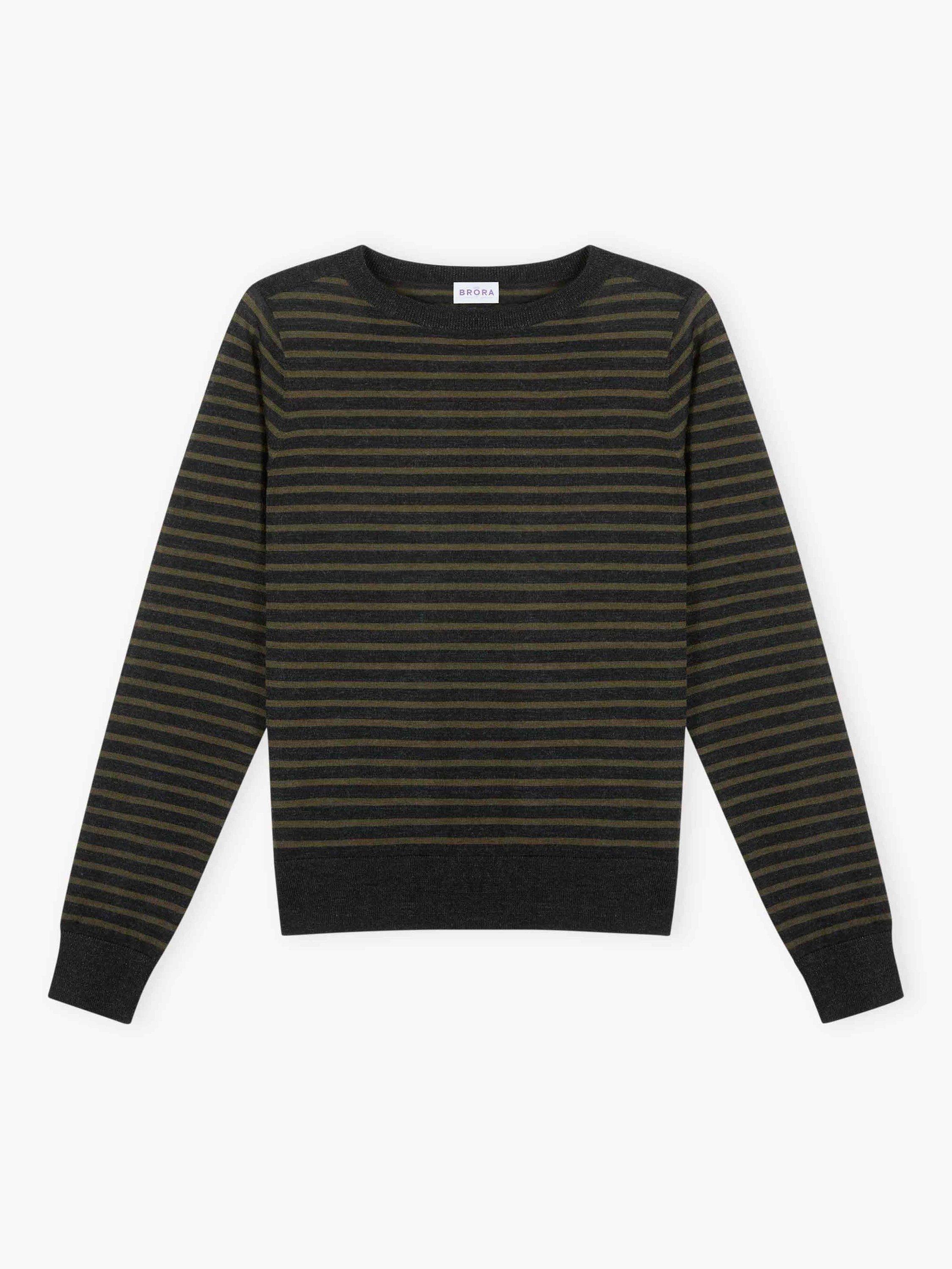 Product image 5 of 5, which shows Brora Breton Stripe Pure Merino Wool Jumper, Charcoal/Olive, 16-18