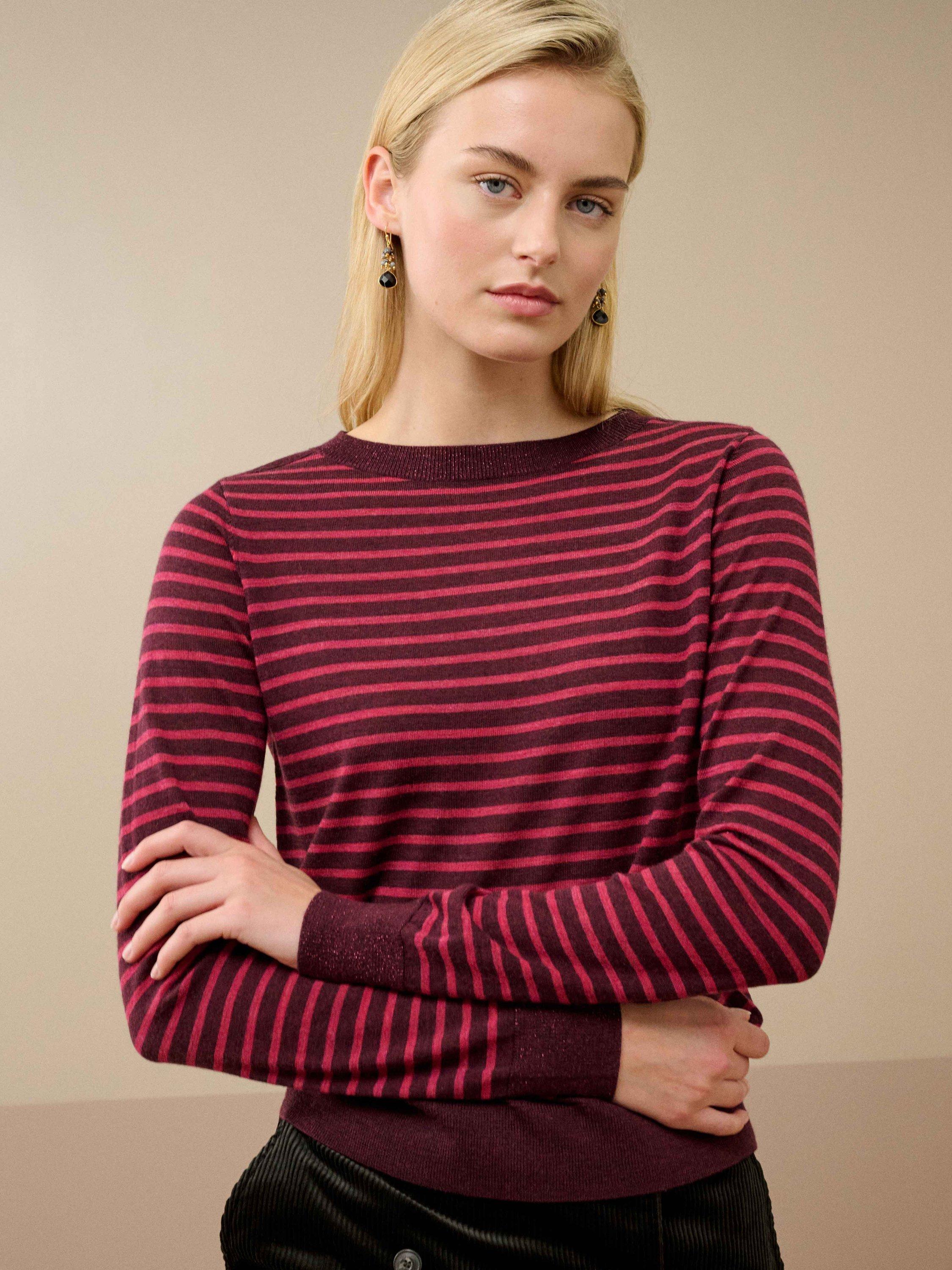 Product image 1 of 4, which shows Brora Breton Stripe Pure Merino Wool Jumper, Damson/Raspberry, 8-10