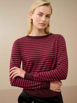 Brora Breton Stripe Pure Merino Wool Jumper, Damson/Raspberry