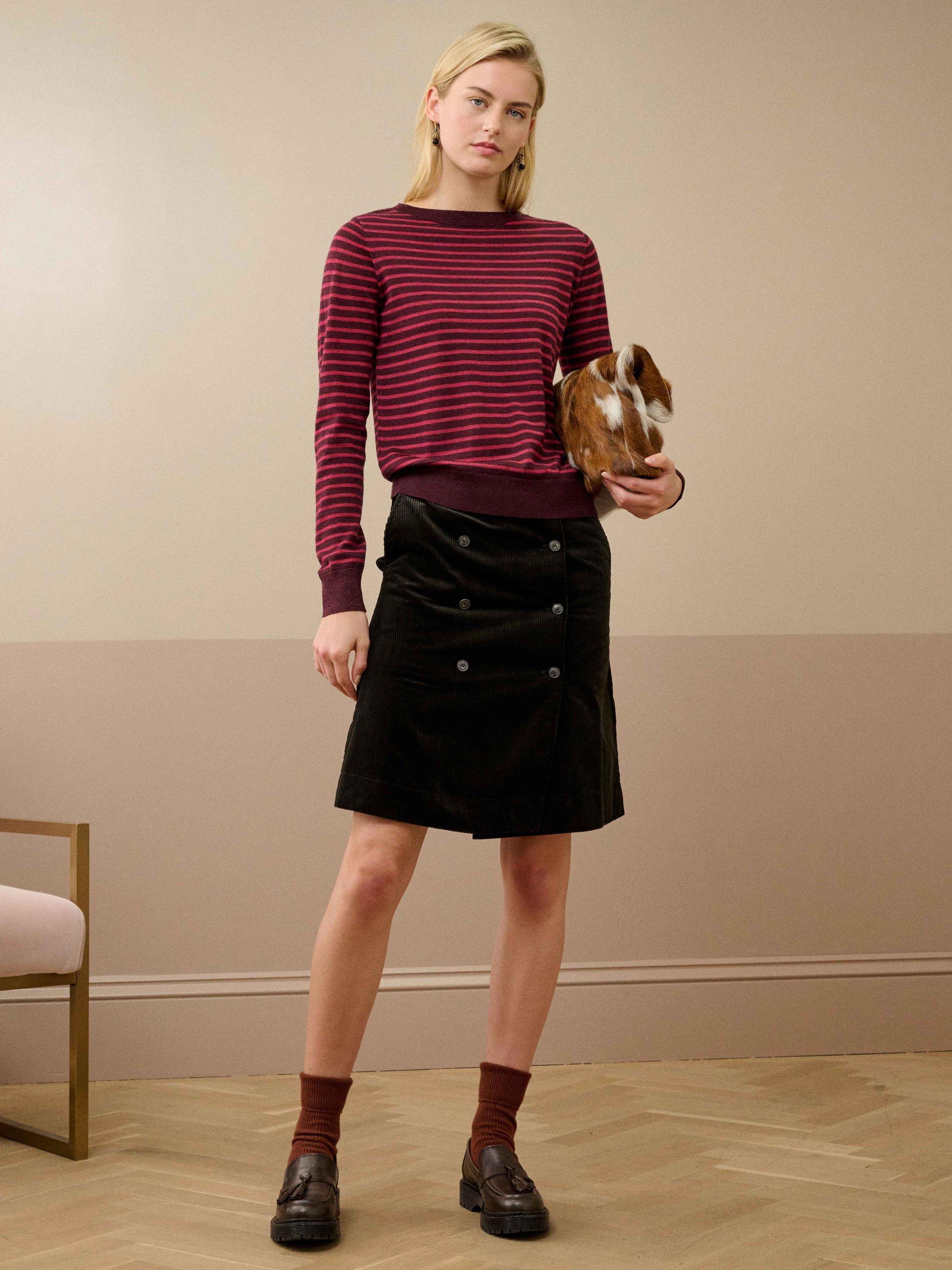 Product image 2 of 4, which shows Brora Breton Stripe Pure Merino Wool Jumper, Damson/Raspberry, 8-10